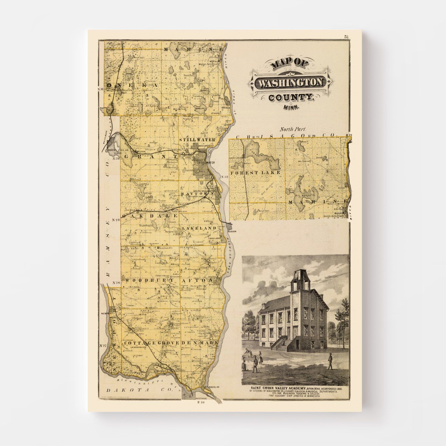 Vintage Map of Washington County, Minnesota 1874