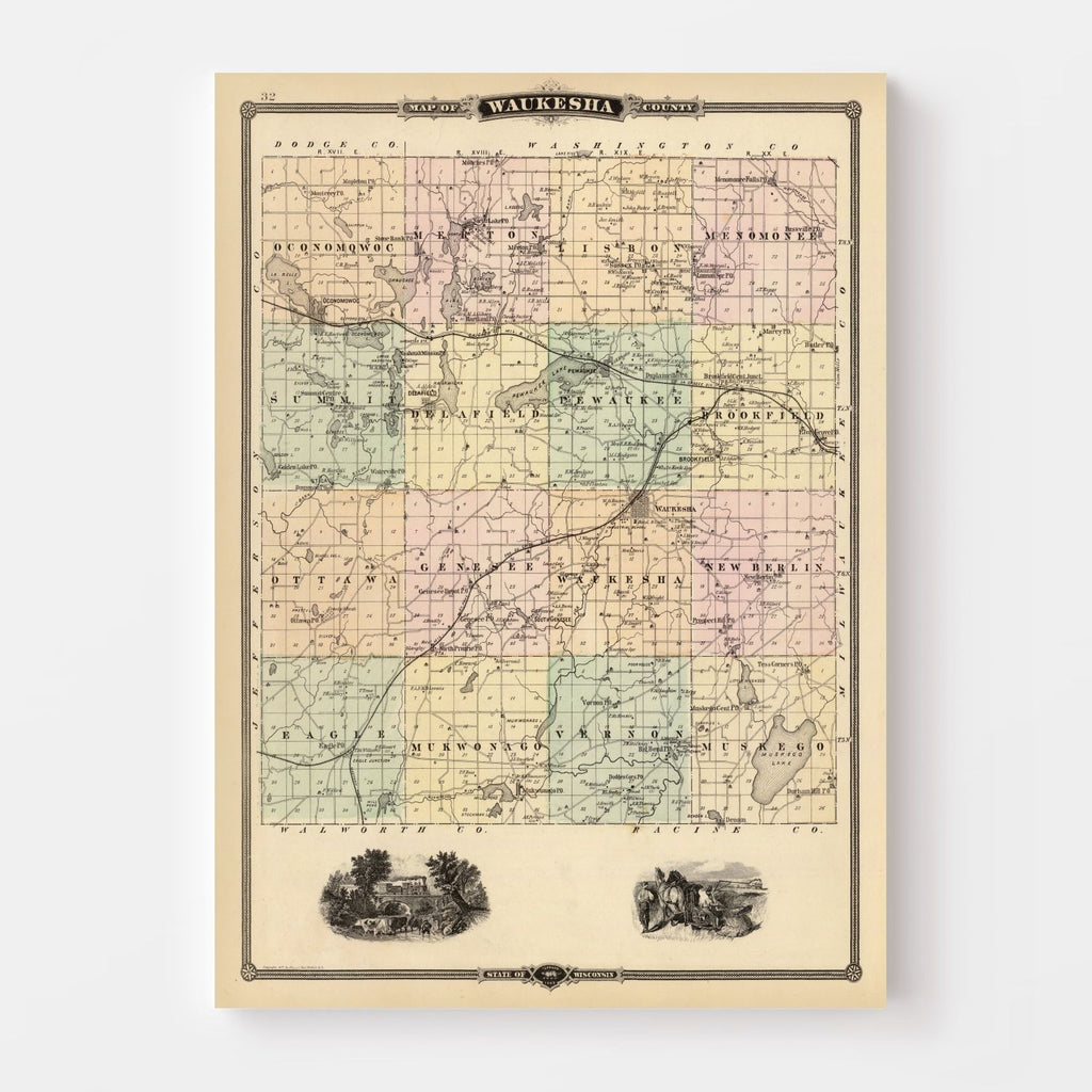 Vintage Map of Waukesha County, Wisconsin 1878