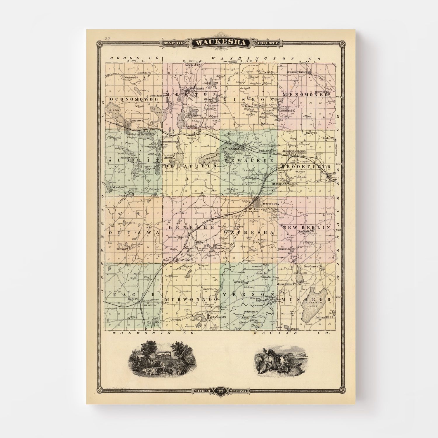 Vintage Map of Waukesha County, Wisconsin 1878