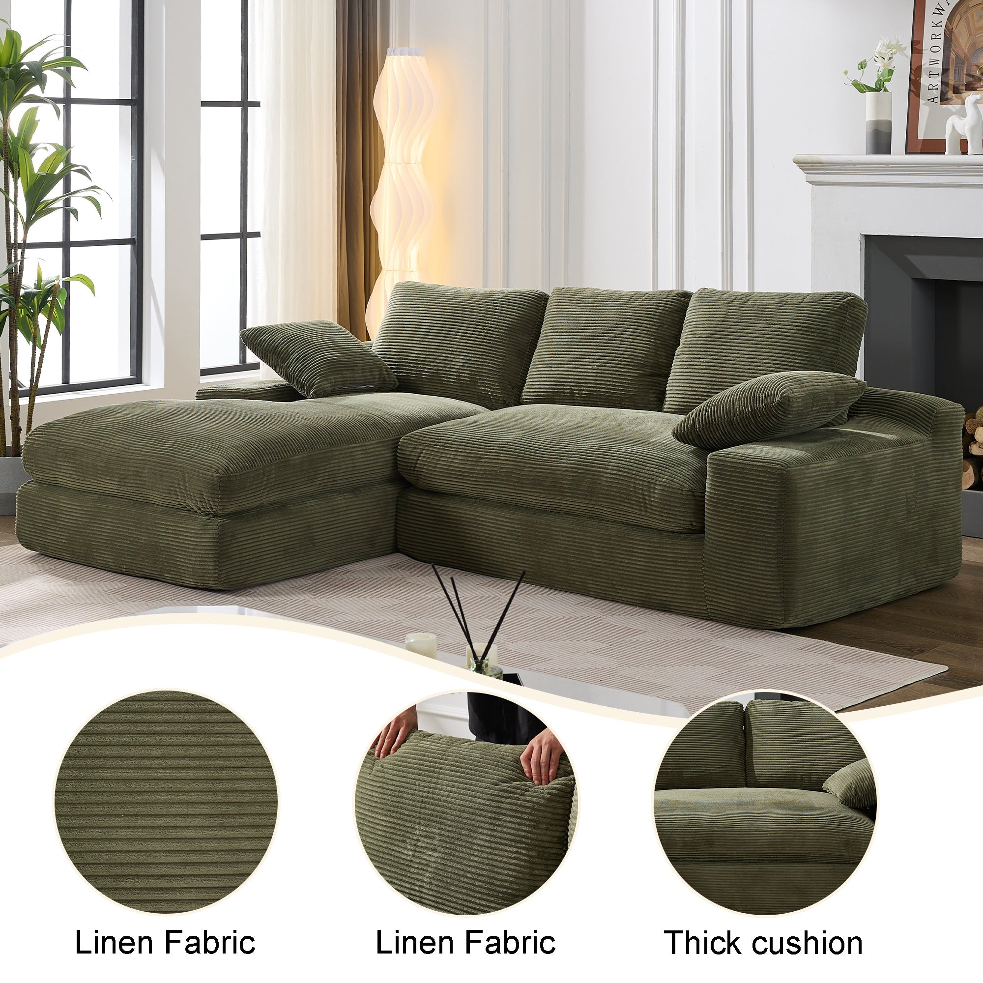 Modern Minimalist Modular Sectional Sofa Set, Upholstered Sleeper Sofa, Army Green, Foam Spring, 99*69 Inch