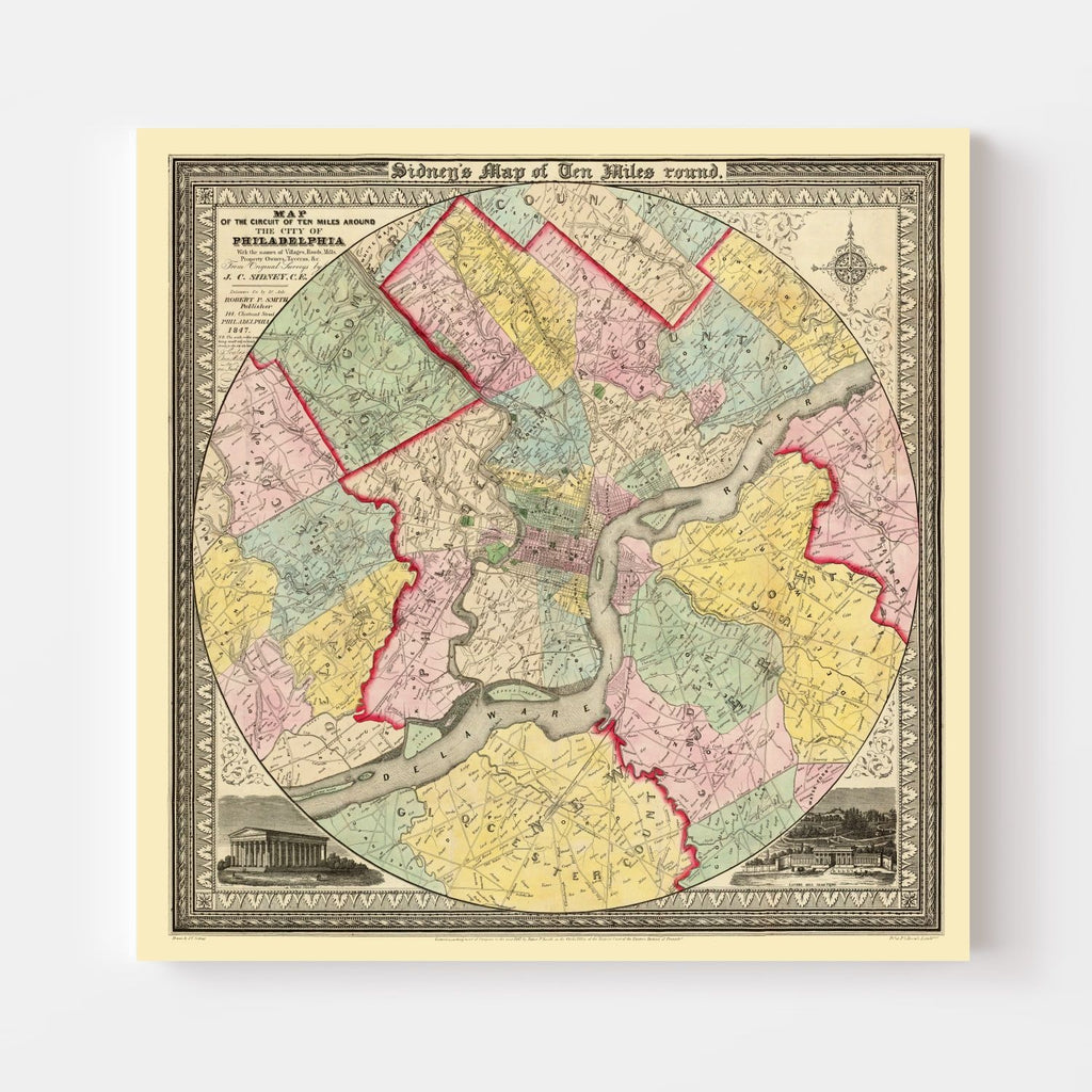 Vintage Map of Philadelphia, Pennsylvania 1847