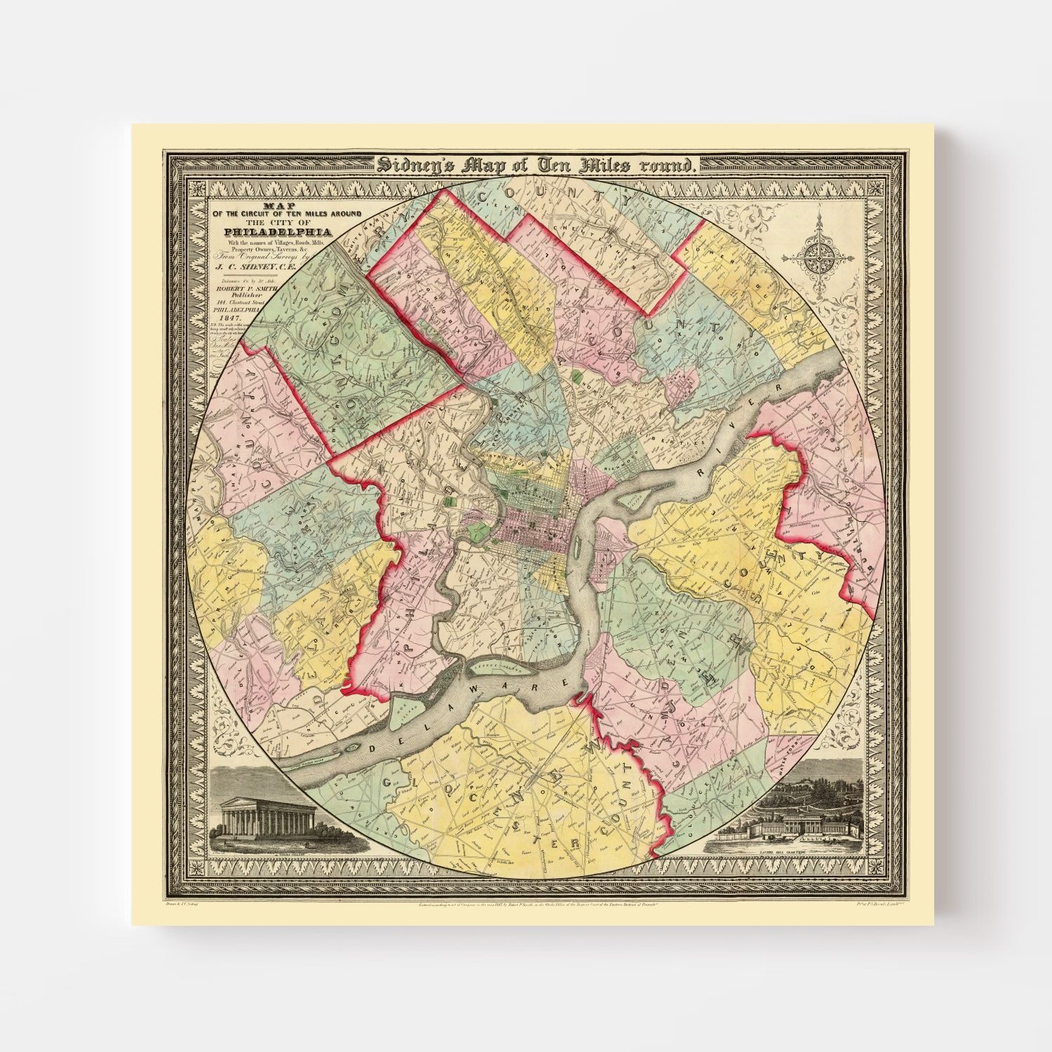 Vintage Map of Philadelphia, Pennsylvania 1847