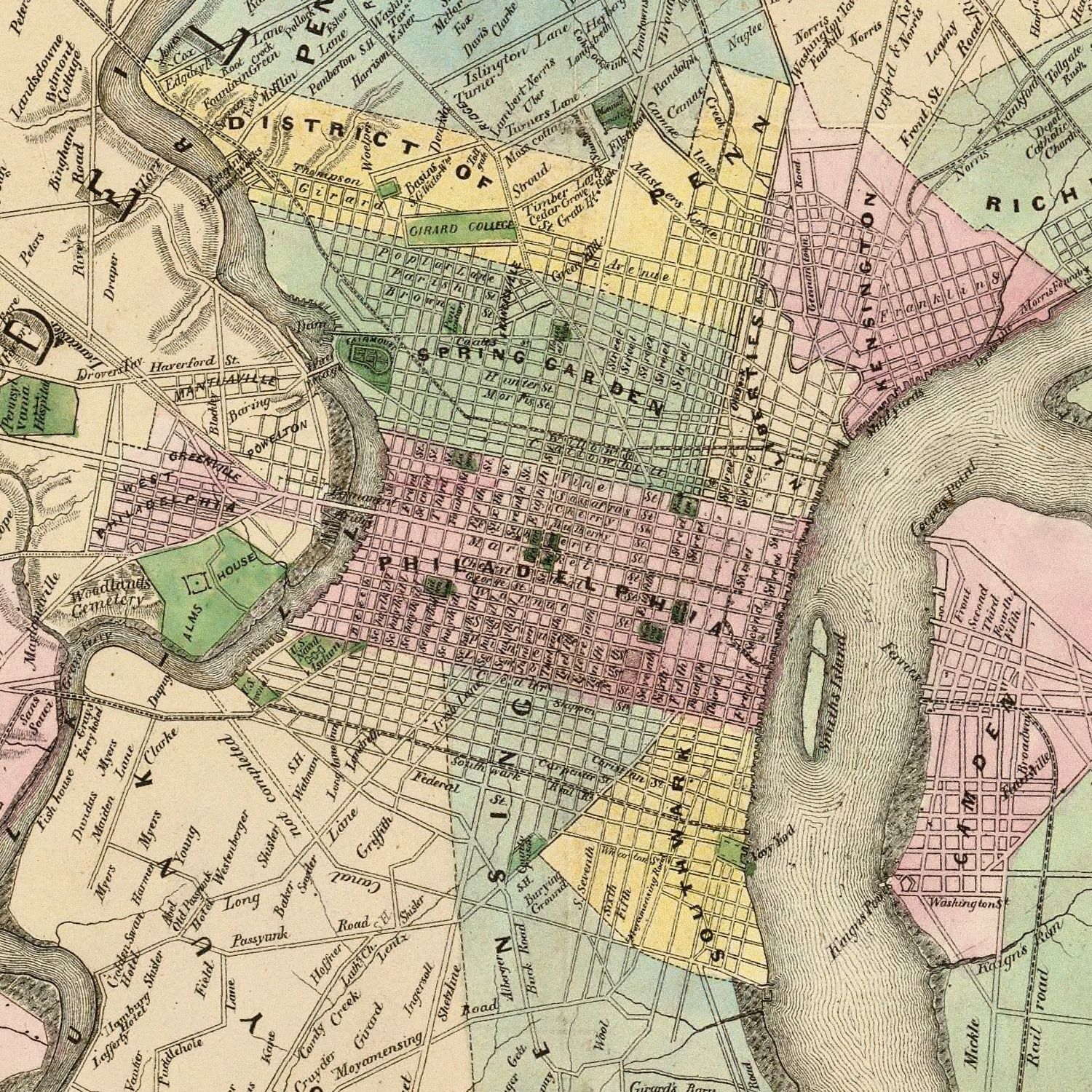 Vintage Map of Philadelphia, Pennsylvania 1847