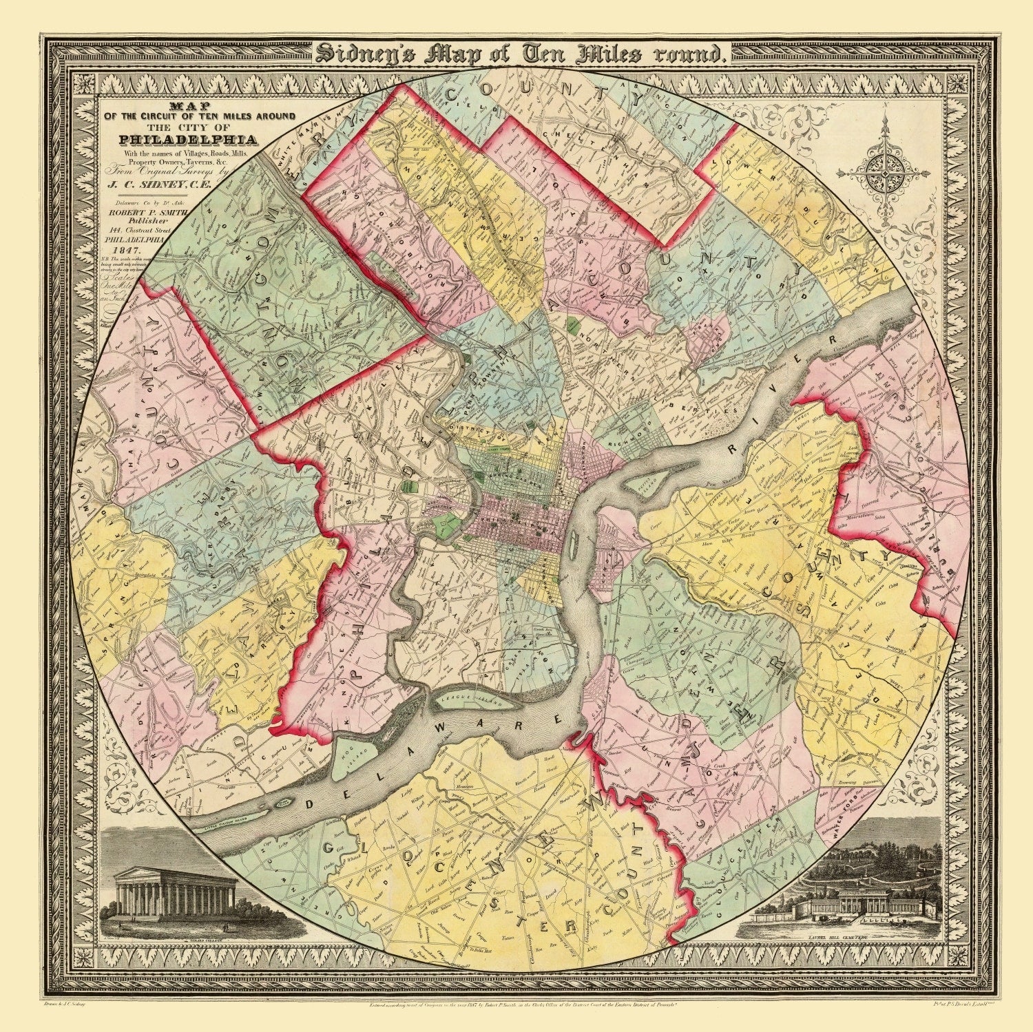 Vintage Map of Philadelphia, Pennsylvania 1847