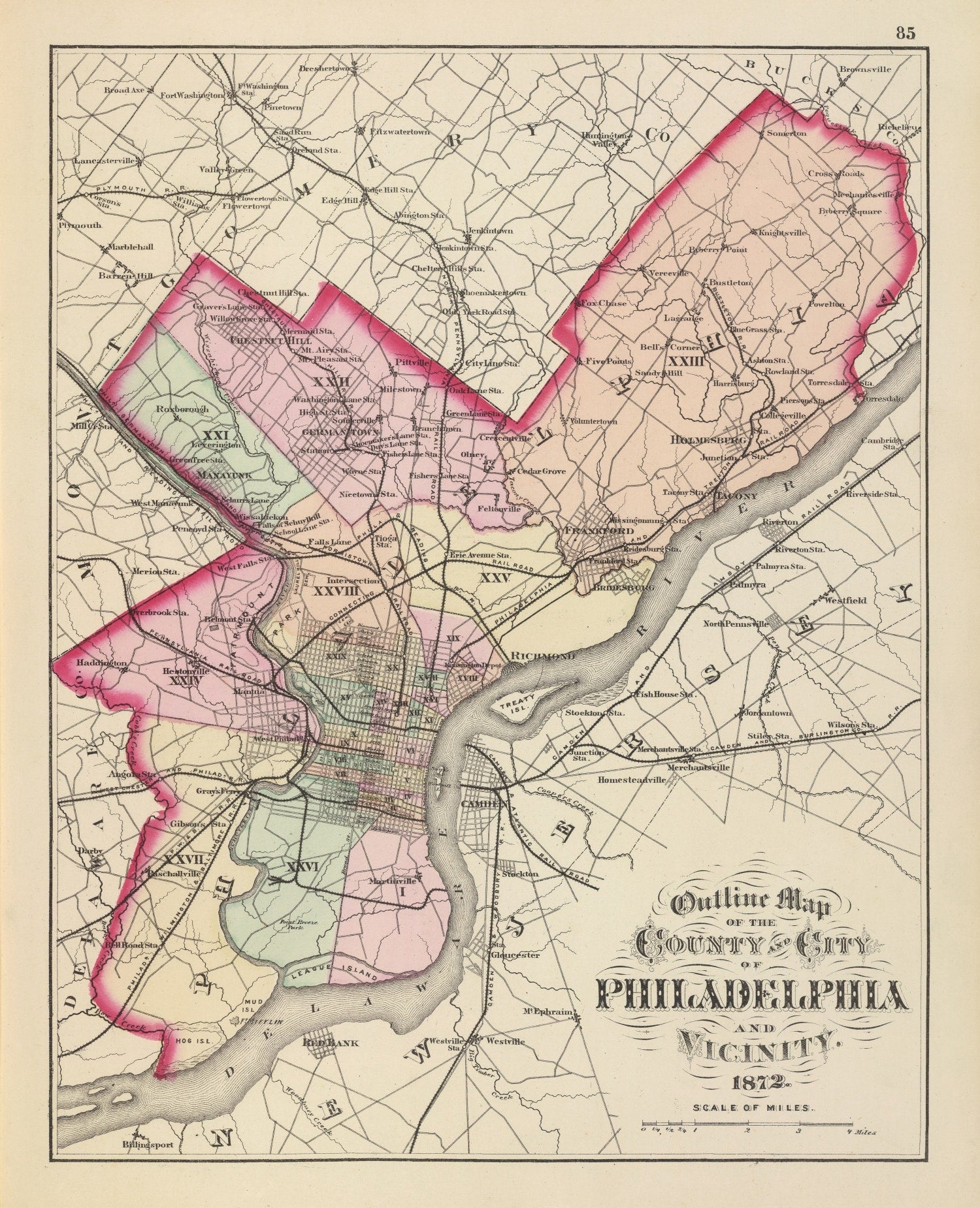 Vintage Map of Philadelphia, Pennsylvania 1872