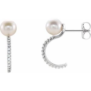 Platinum Cultured White Freshwater Pearl & 1/6 CTW Natural Diamond Hoop Earrings