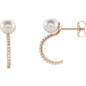 14K Rose Gold Cultured White Freshwater Pearl & 1/6 CTW Natural Diamond Hoop Earrings