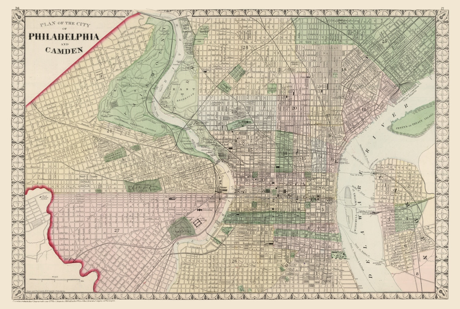 Vintage Map of Philadelphia, Pennsylvania 1874