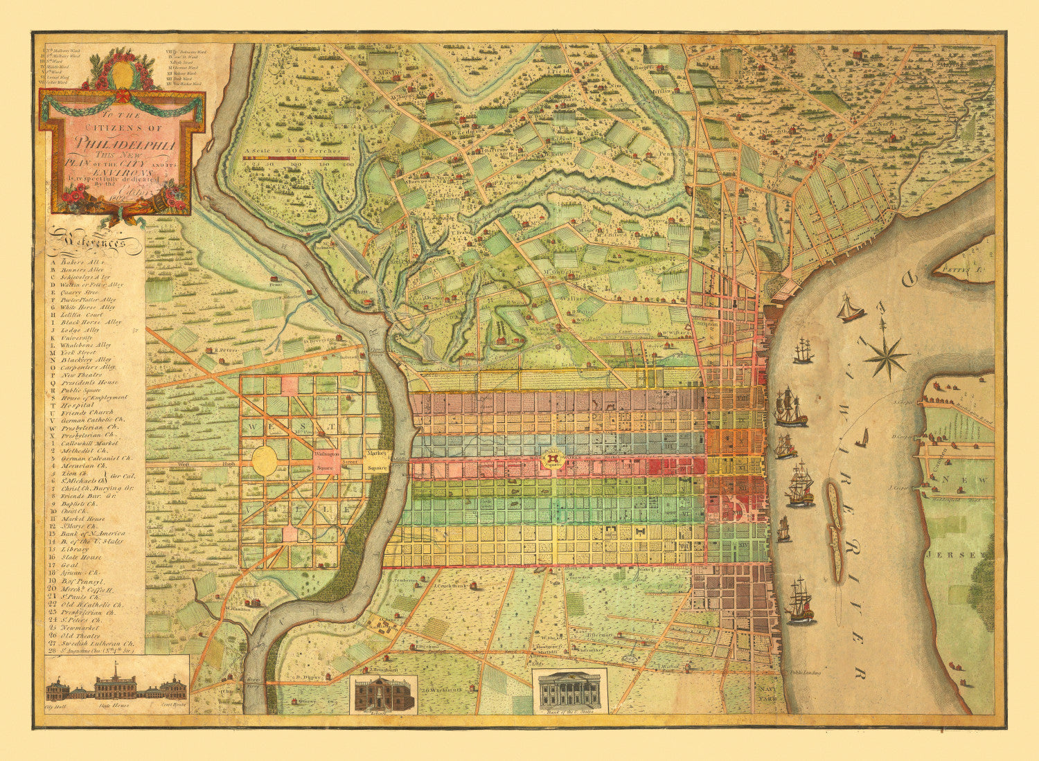 Vintage Map of Philadelphia, Pennsylvania 1802