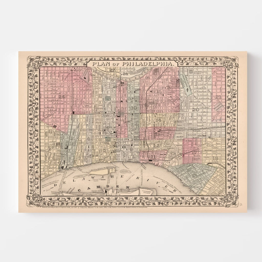 Vintage Map of Philadelphia, Pennsylvania 1868