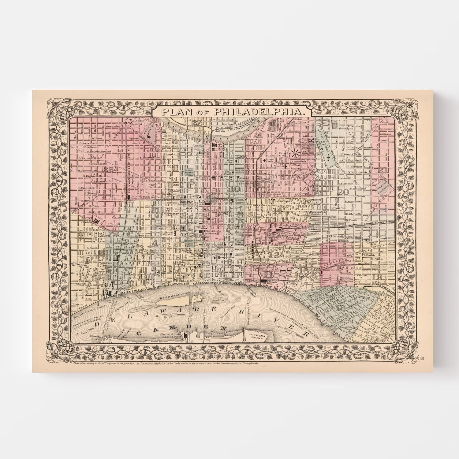 Vintage Map of Philadelphia, Pennsylvania 1868