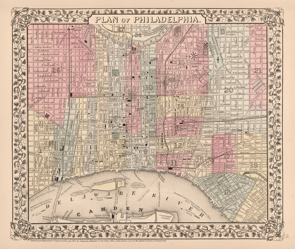 Vintage Map of Philadelphia, Pennsylvania 1868