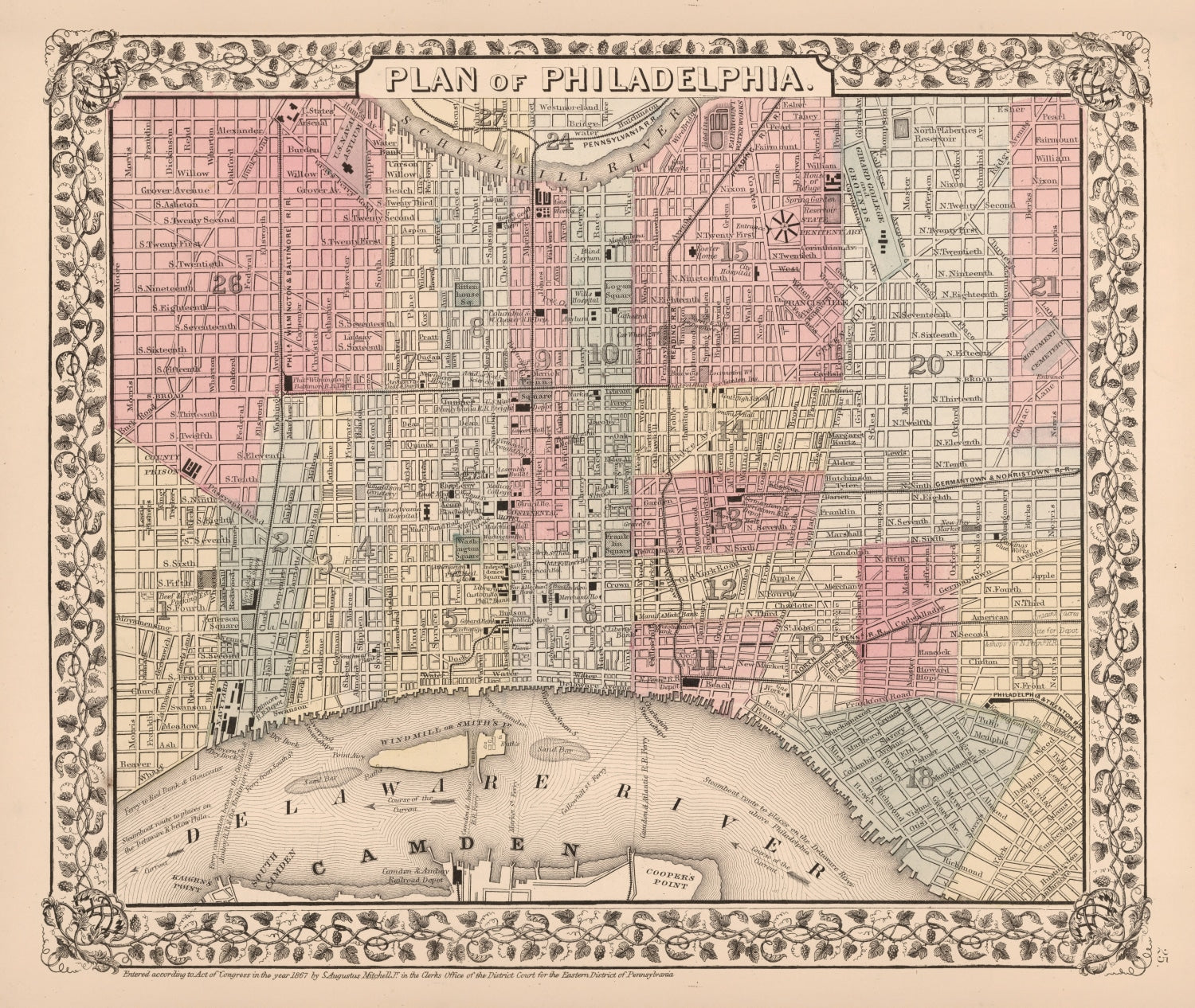 Vintage Map of Philadelphia, Pennsylvania 1868