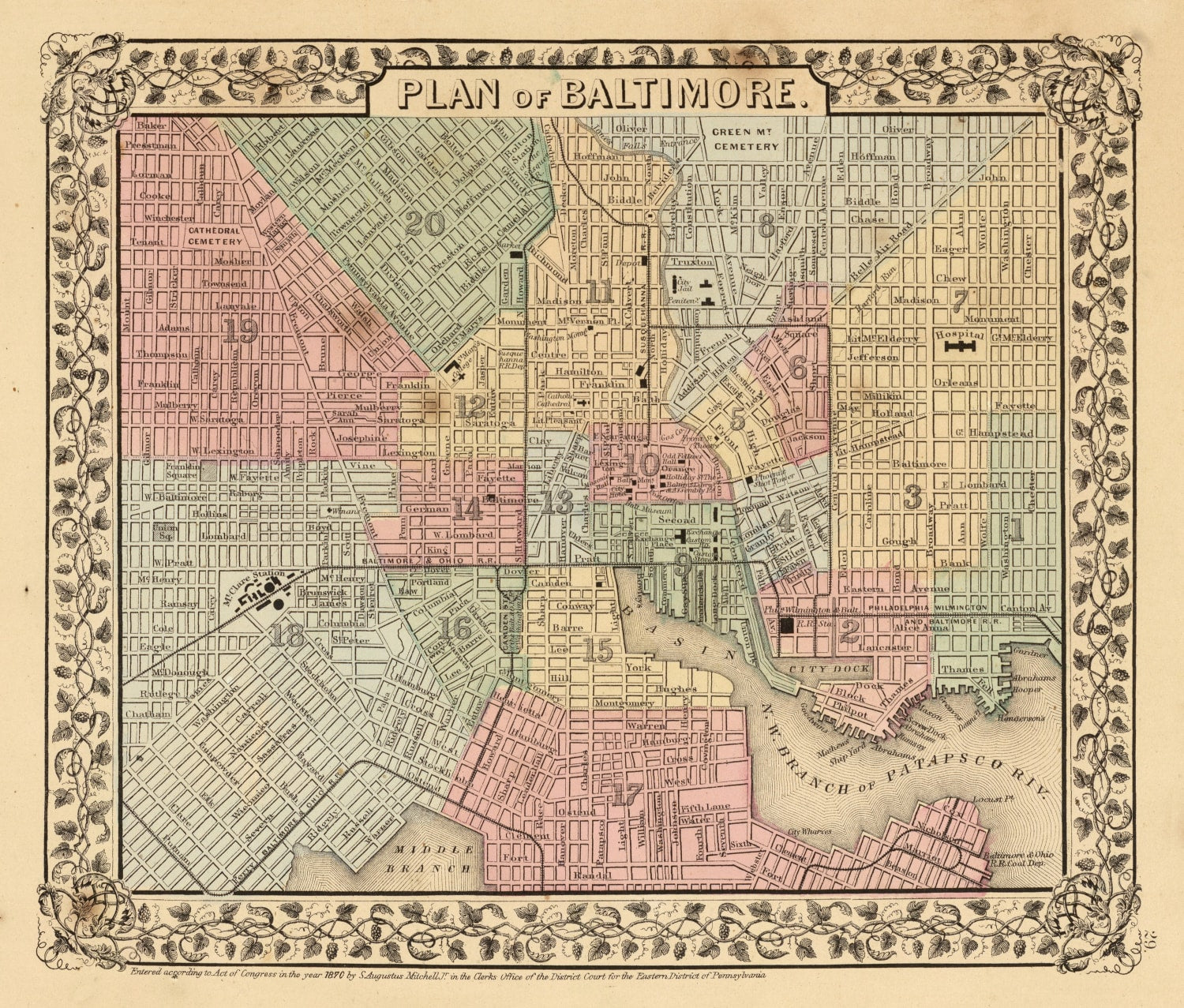 Vintage Map of Baltimore, Maryland 1870