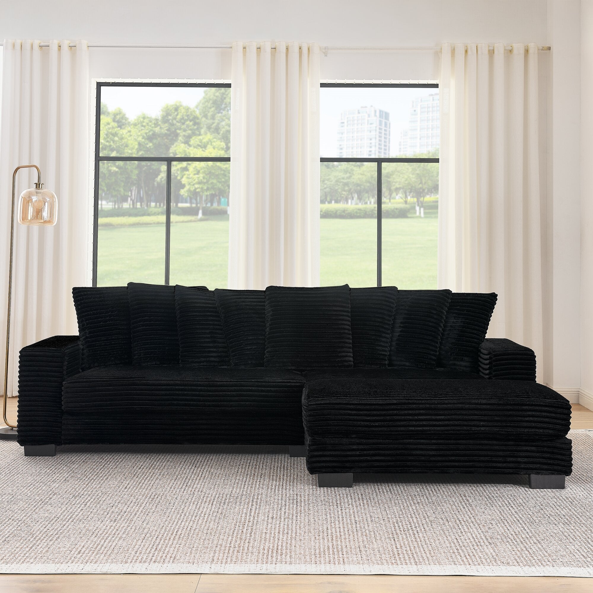 Corduroy Tufted Upholstered Sleeper Sectional Sofa, L-Shaped Modular Convertible Sofa , Can freely change the position of the footrests-Black(Assembly is required)