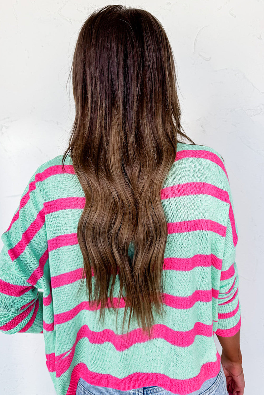 Green Striped Colorblock Knit Sweater With Round Neck