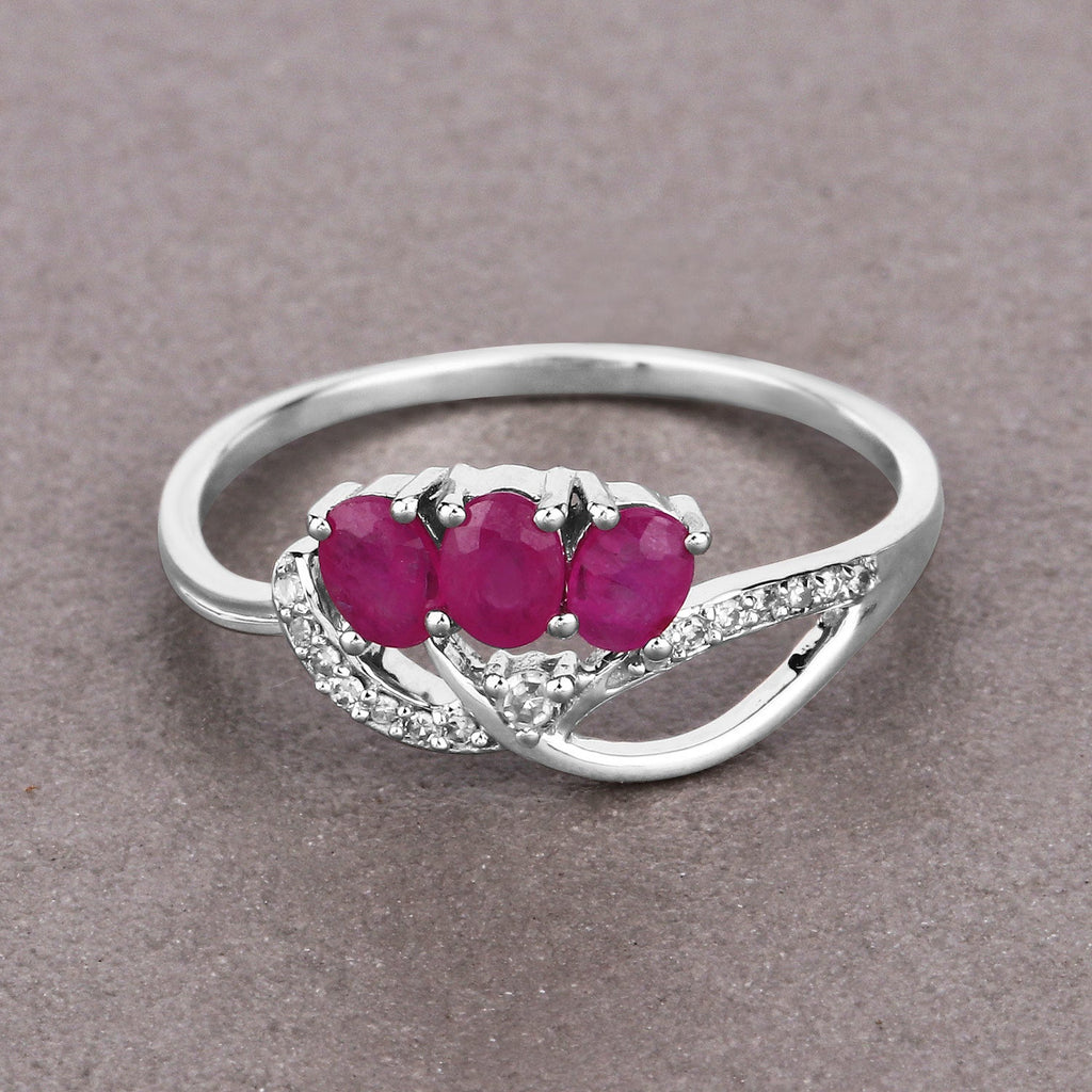 0.71 Carat Genuine Ruby and White Diamond 14K White Gold Ring