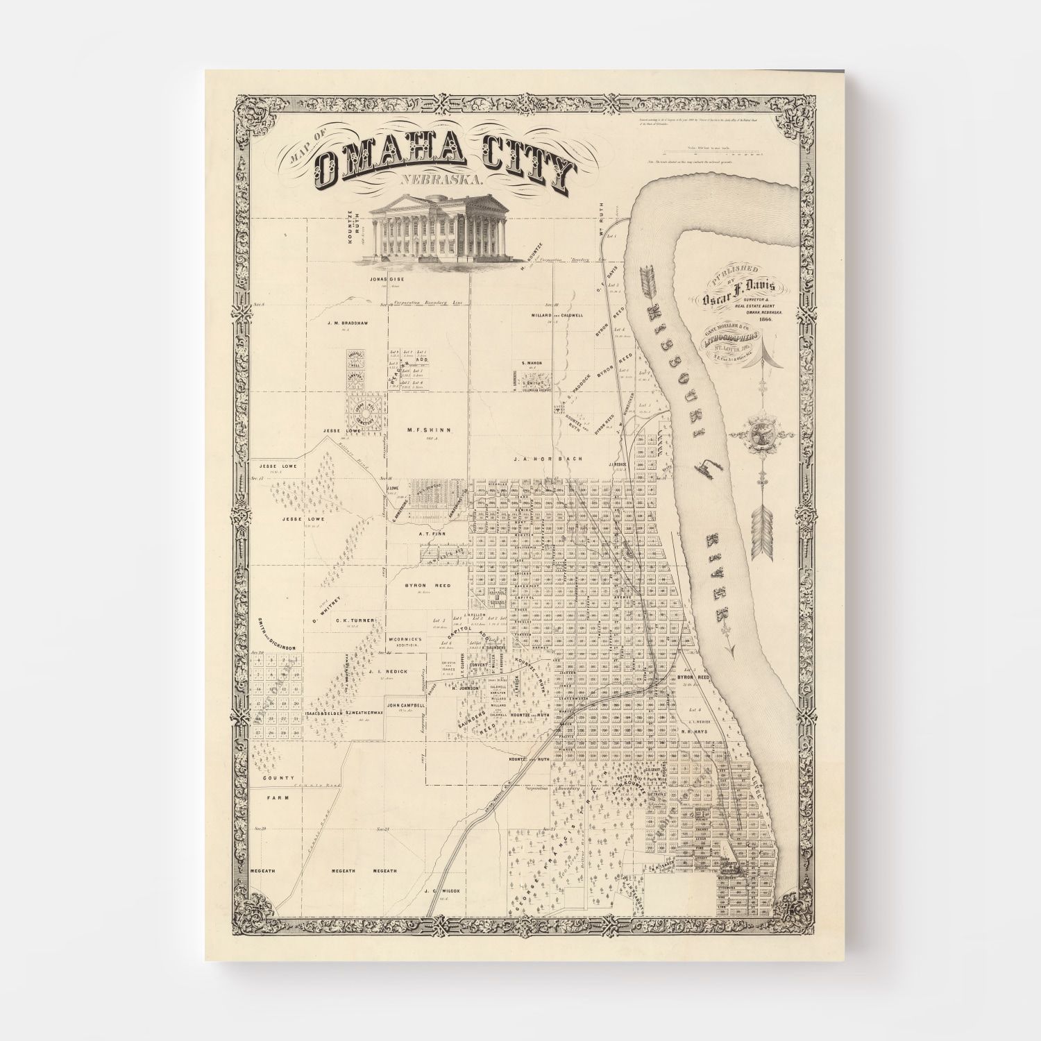 Vintage Map of Omaha, Nebraska 1866