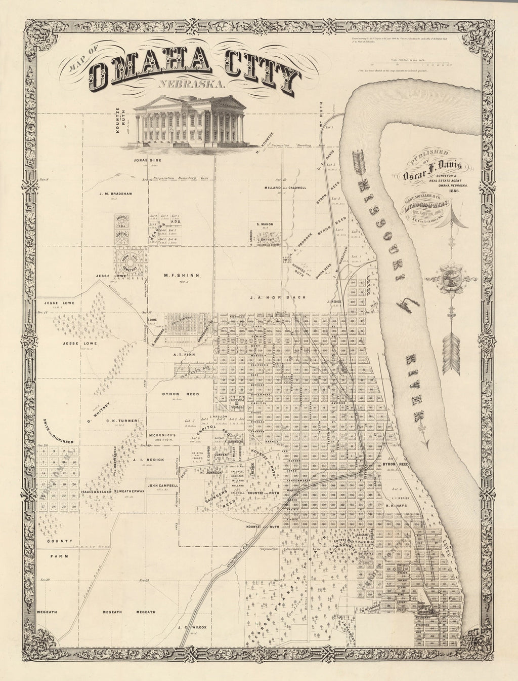 Vintage Map of Omaha, Nebraska 1866