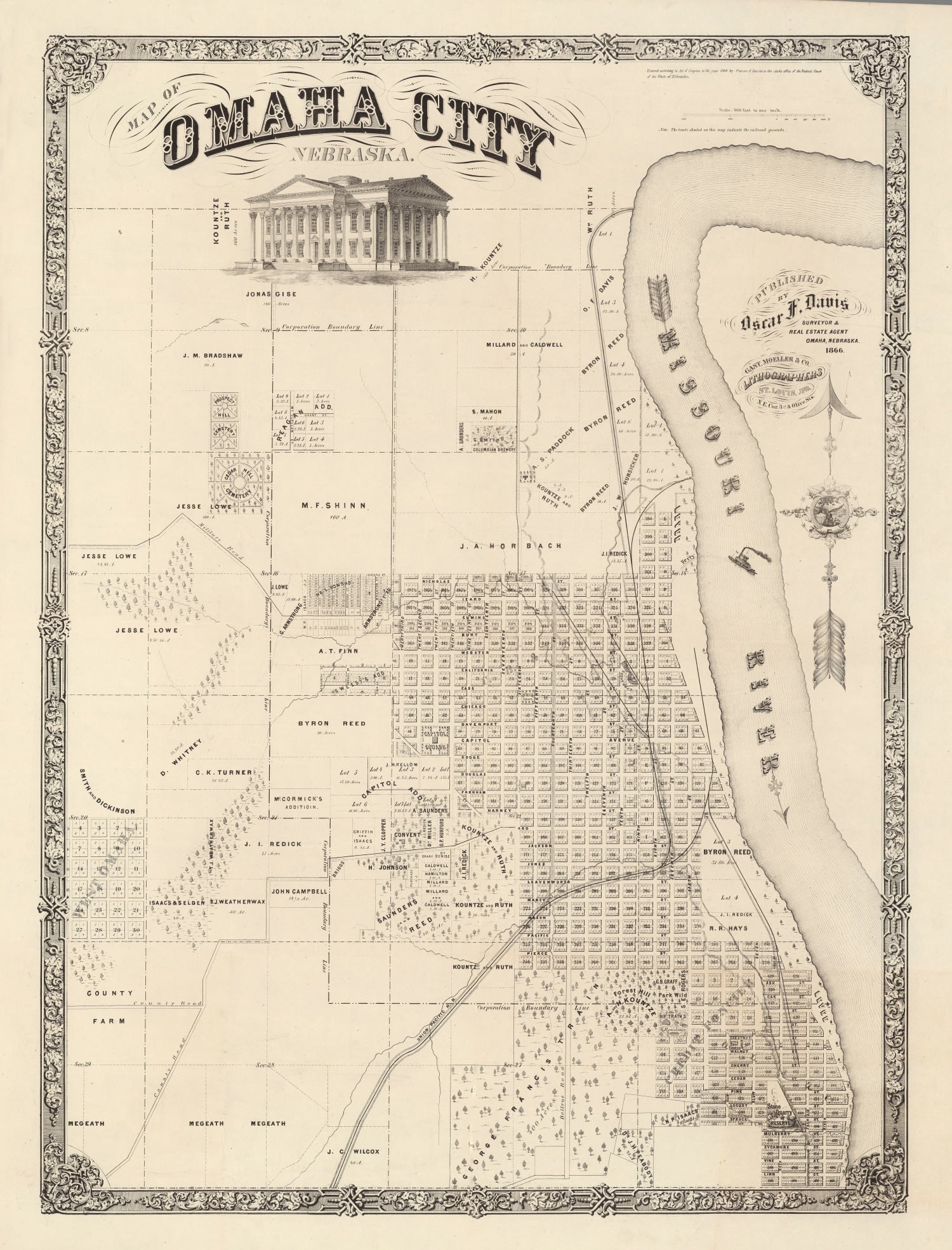 Vintage Map of Omaha, Nebraska 1866