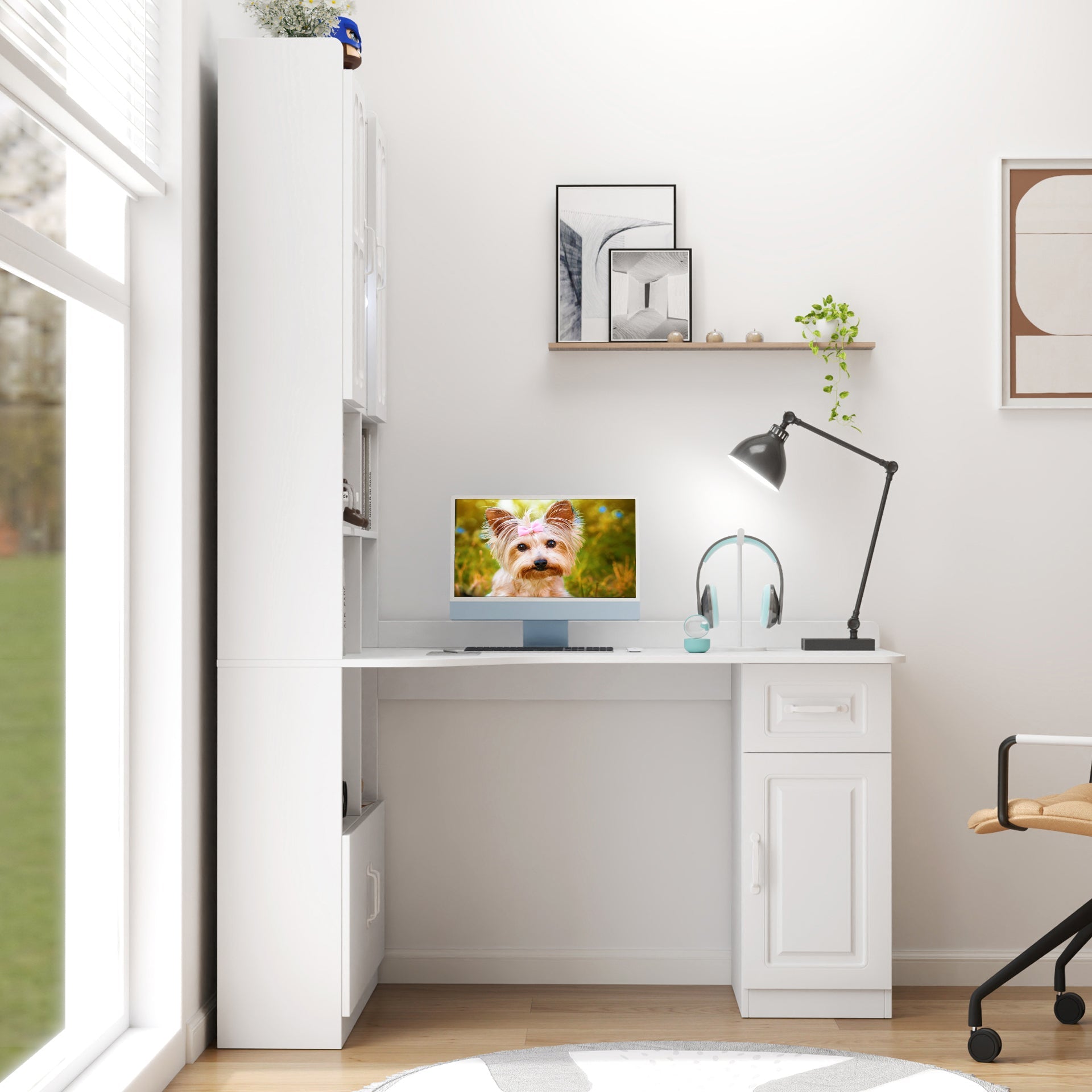L-Shaped Corner Computer Desk  for Home Office or Study desk, Study Modern Style Table with Drawers, Bookshelf & Hutch, 2-in-1 L-Shaped Design, Large Working Space,white