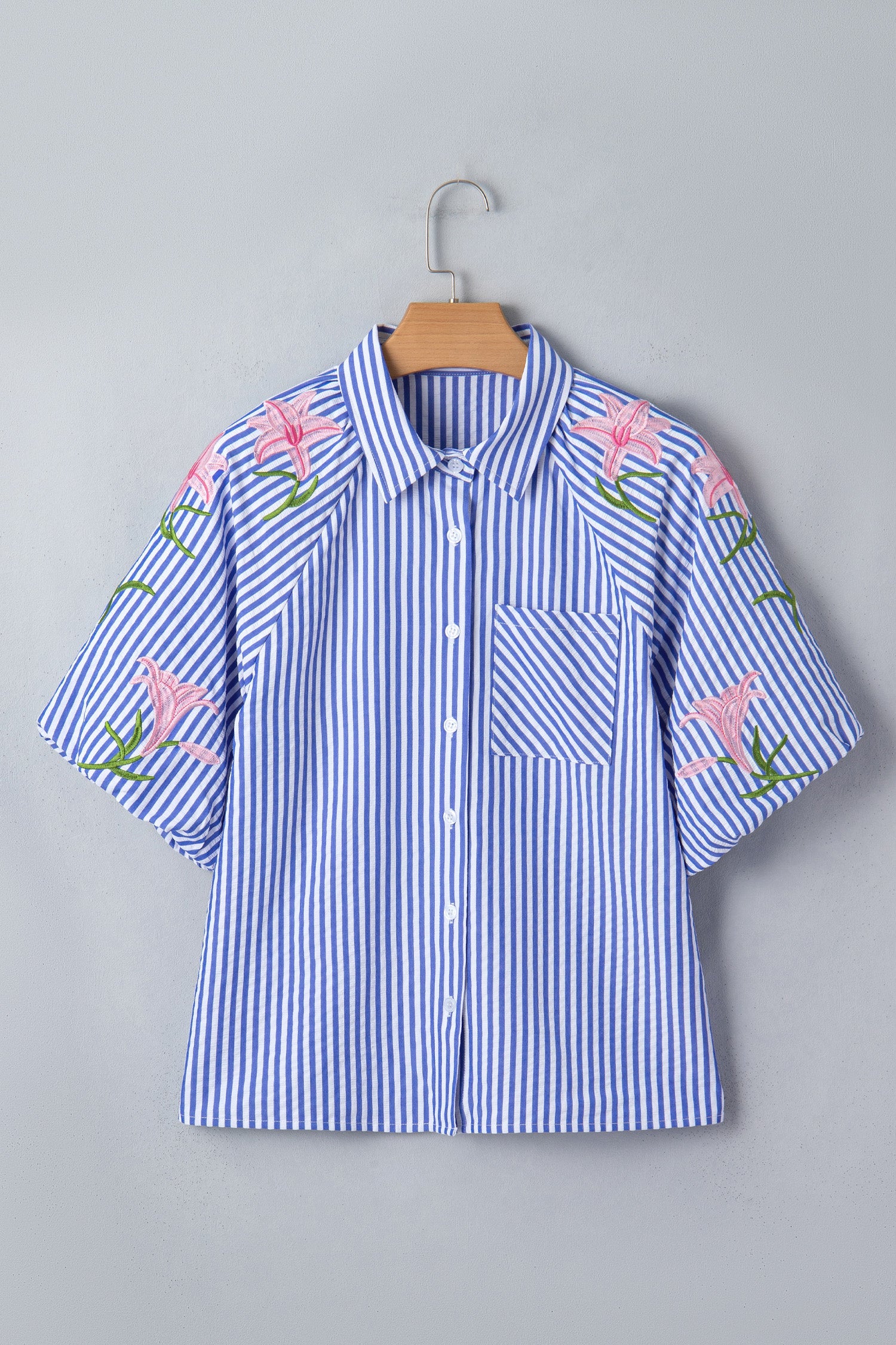 Stripe Floral Lily Embroidered Puff Sleeve Shirt