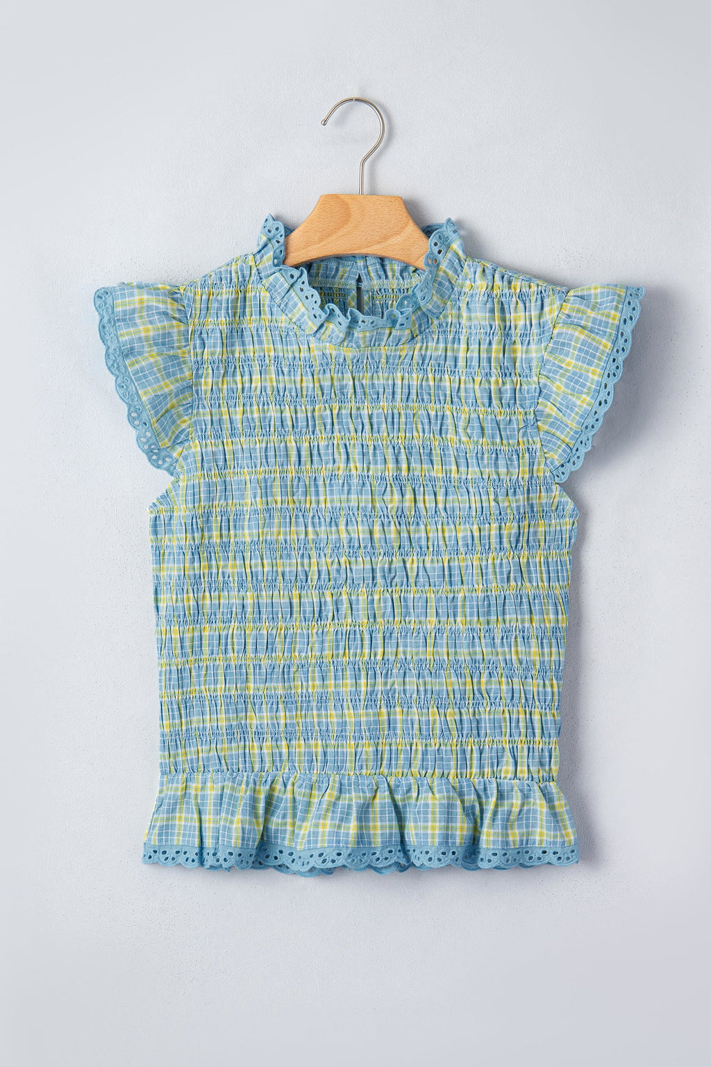 Plaid Smocked Lace Trim Tank Top
