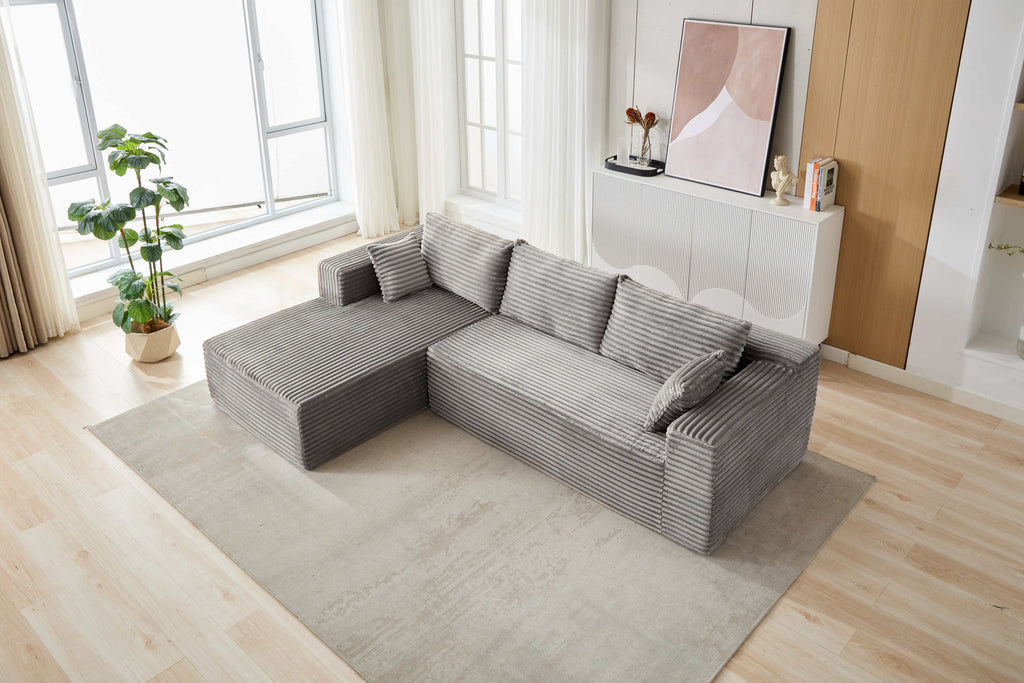 Compression Sectional Couch with Comfy Chaise, Boneless L Shape Sofa with Deep Seat, Minimalist Modular Couches Sleeper for Living Room Bedroom Apartment Lounge,corduroy,Grey