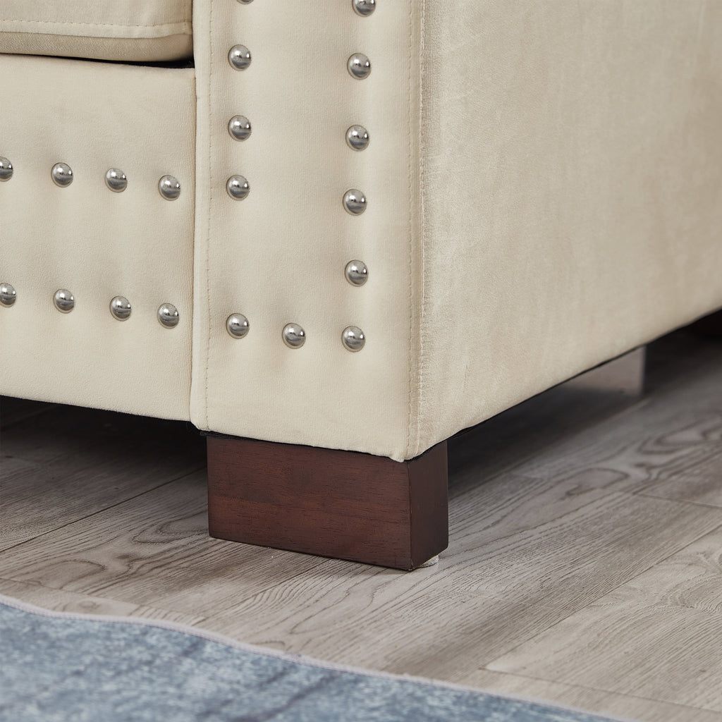 Modern Design Living Room Sofa Square armrest with Silver Nails Decoration Upholstered Velvet Couch Apricot