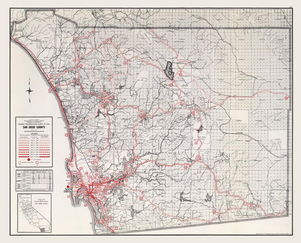 Vintage Map of San Diego County, California 1935