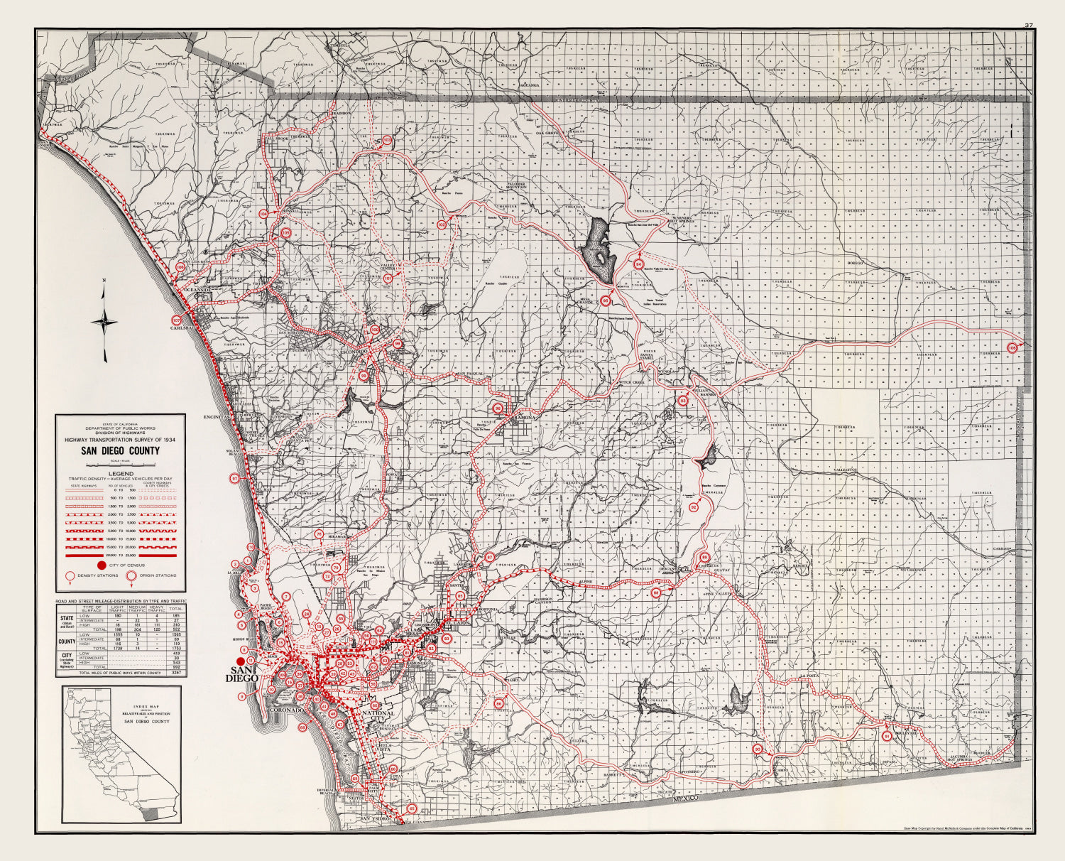 Vintage Map of San Diego County, California 1935