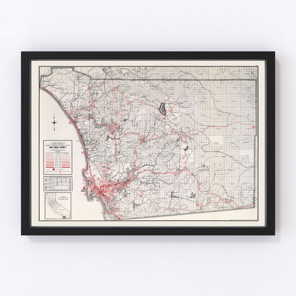 Vintage Map of San Diego County, California 1935