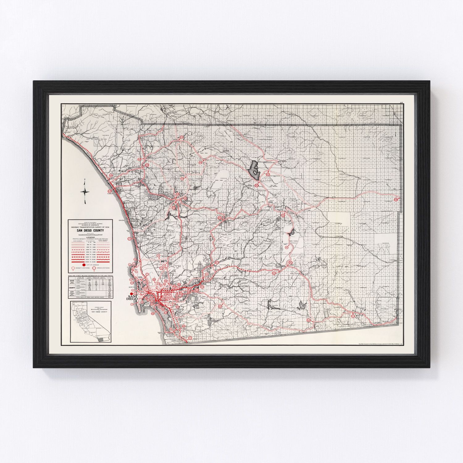 Vintage Map of San Diego County, California 1935