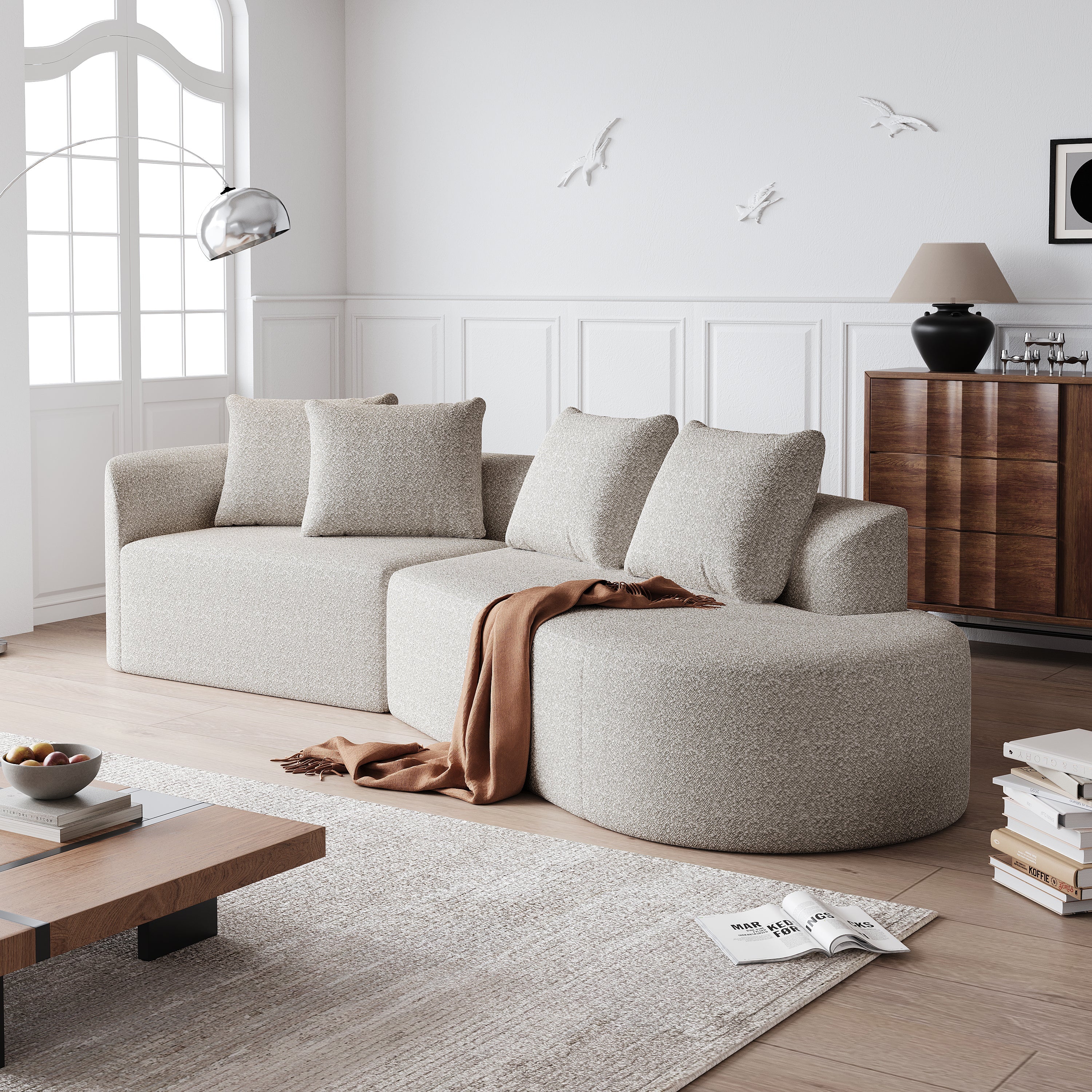 Modern Upholstered Oversized Sectional Sofa, 112-Inch Chenille 4-Seater Extra Deep & Wide Seat Curved Cloud Couch with 4 Throw Pillows, Free Combination Sofa Couch for Living Room,Bedroom