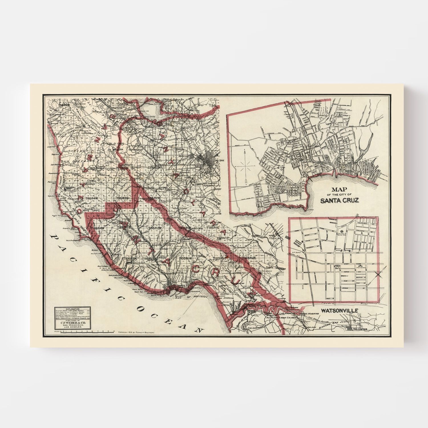 Vintage Map of Santa Cruz County, California 1914