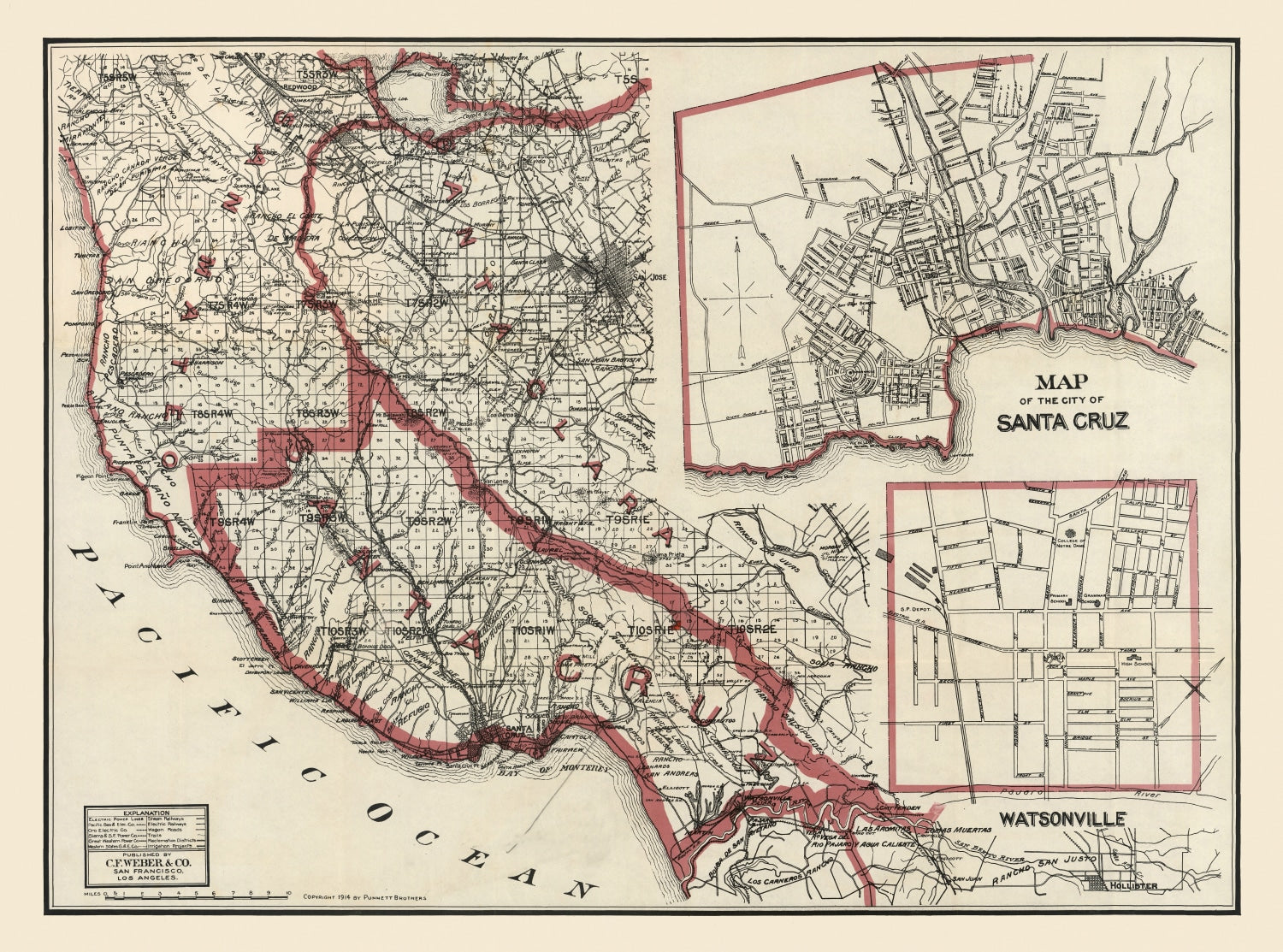 Vintage Map of Santa Cruz County, California 1914