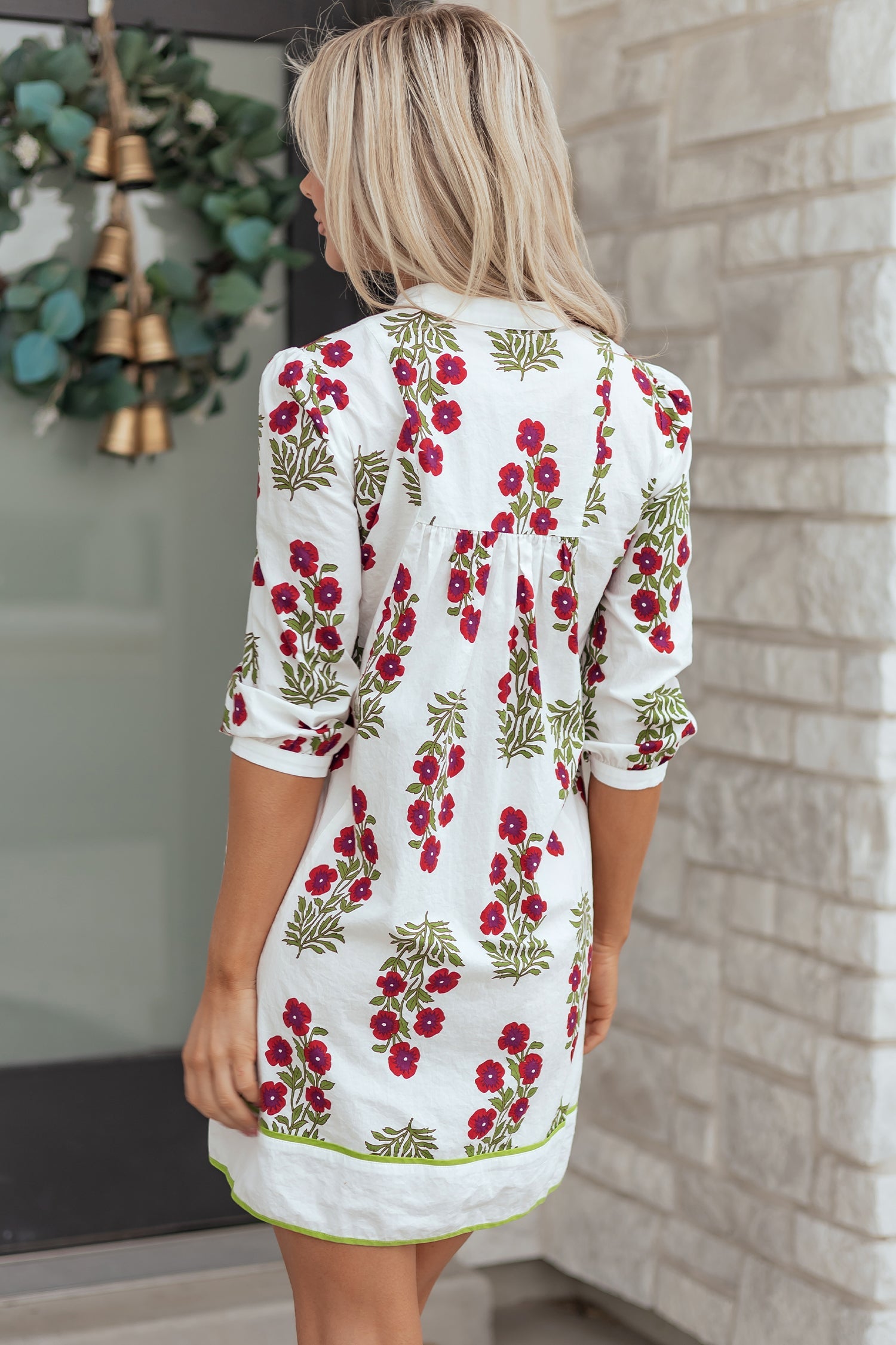 Floral Notched V-Neck 3/4 Sleeve Dress