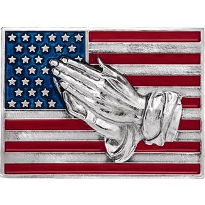 14K White Gold with Red, White, Blue Epoxy American Flag with Praying Hands Lapel Pin