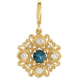 14K Yellow Gold Natural London Blue Topaz & 1/4 CTW Natural Diamond Vintage-Inspired Charm/Pendant