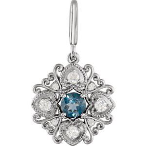 14K White Gold Natural London Blue Topaz & 1/4 CTW Natural Diamond Vintage-Inspired Charm/Pendant