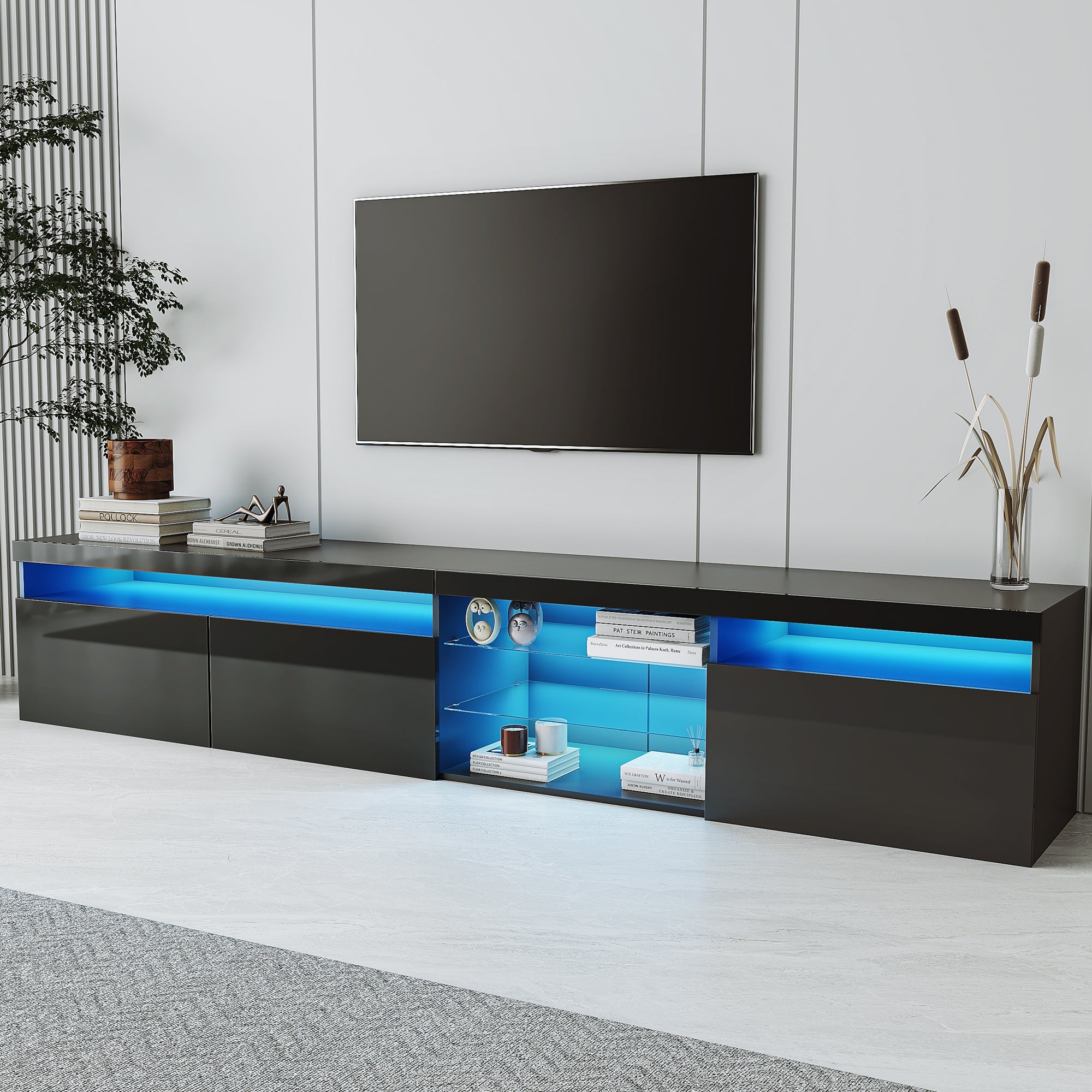 ON-TREND Unique Design TV Stand with 2 Glass Shelves, Ample Storage Space Media Console for TVs Up to 105', Versatile TV Cabinet with LED Color Changing Lights for Living Room, Black