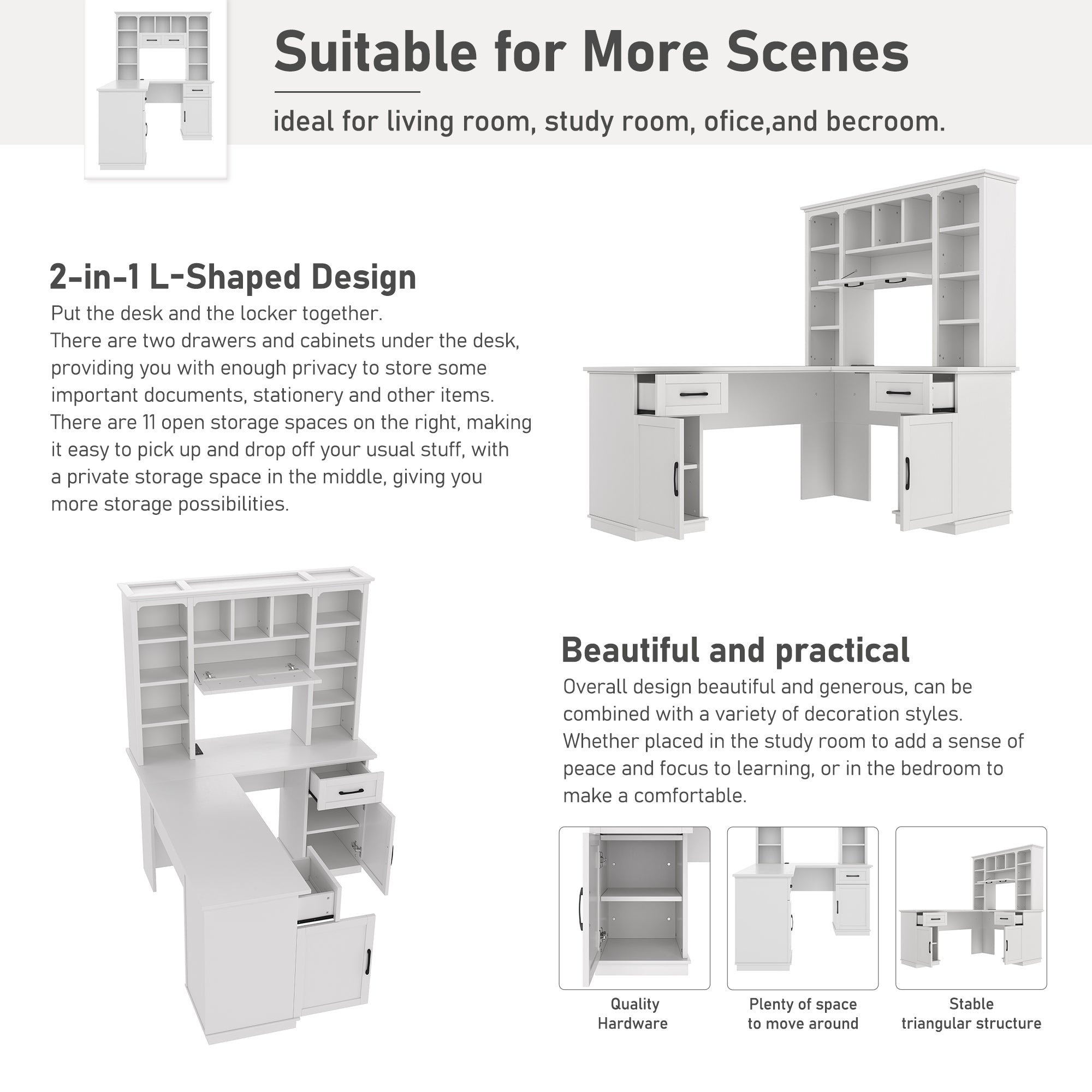 L-Shaped Computer Desk with 2 Cabinets and 2 Drawers, 11 Open Shelves , with Electrical Outlet, for Study, Living Room and Office, White