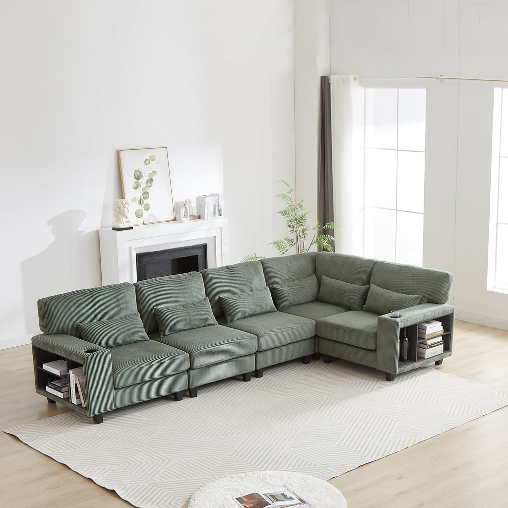 102.75*102.75' L-Shaped Modular Sectional Sofa, Modern Corduroy Sectional Sofa, Arm with Storage With Cup Holder 5-Seat Convertible Sectional Sofa for Living Room, Bedroom, Lounge and Projection Room