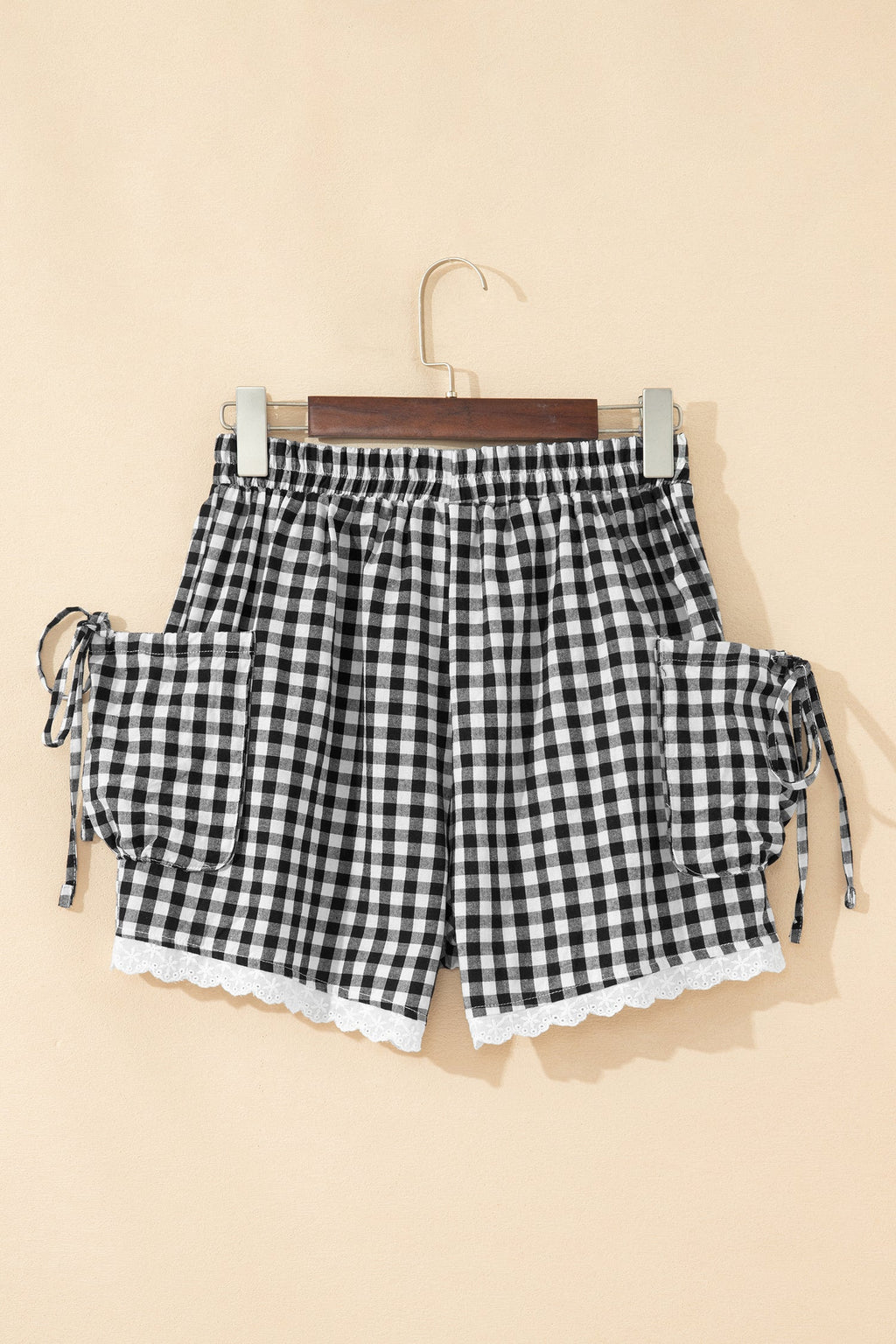 Gingham Lace Trim Pouch Pocket Shorts