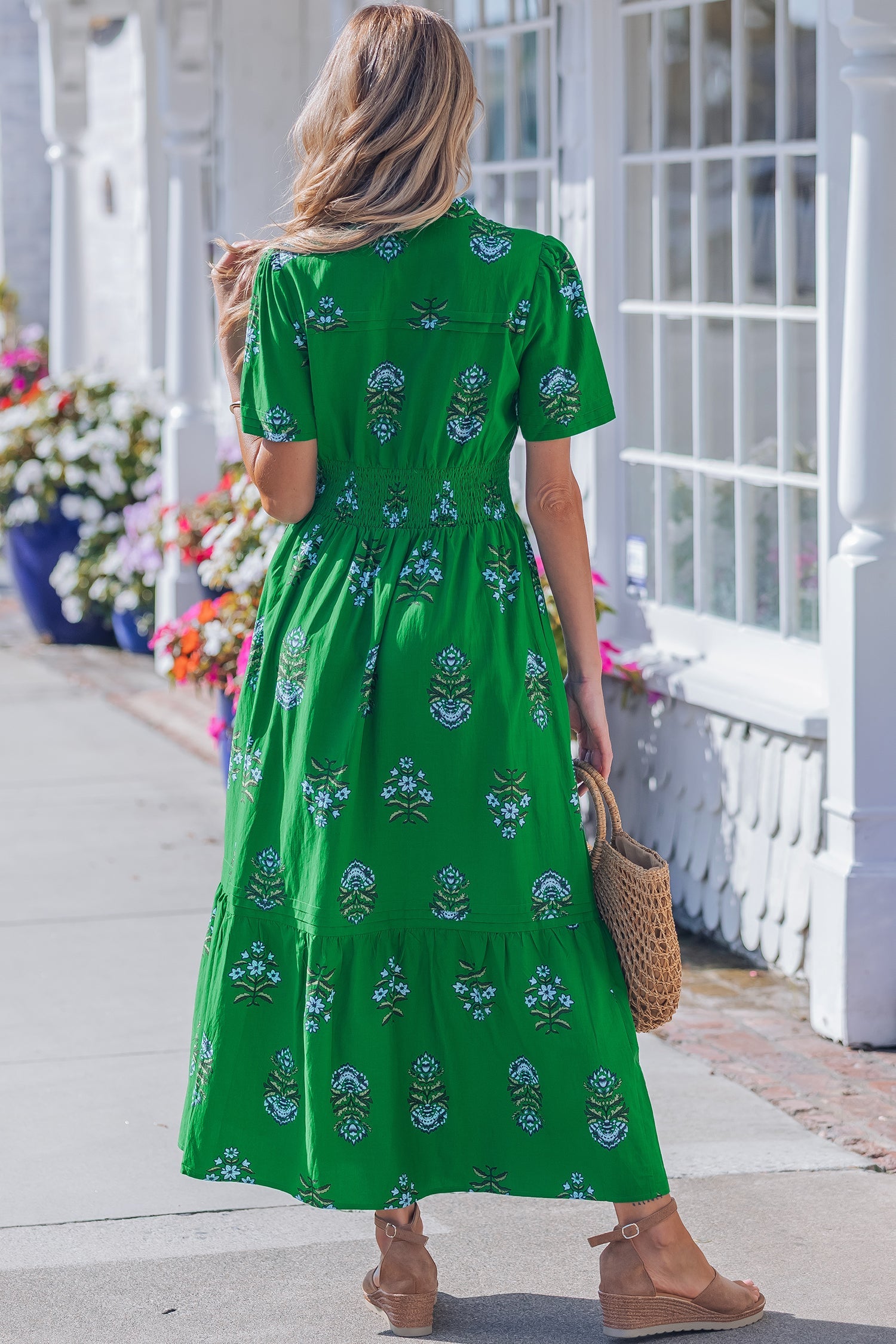 Floral Split Neck Shirred High Waist Maxi Dress