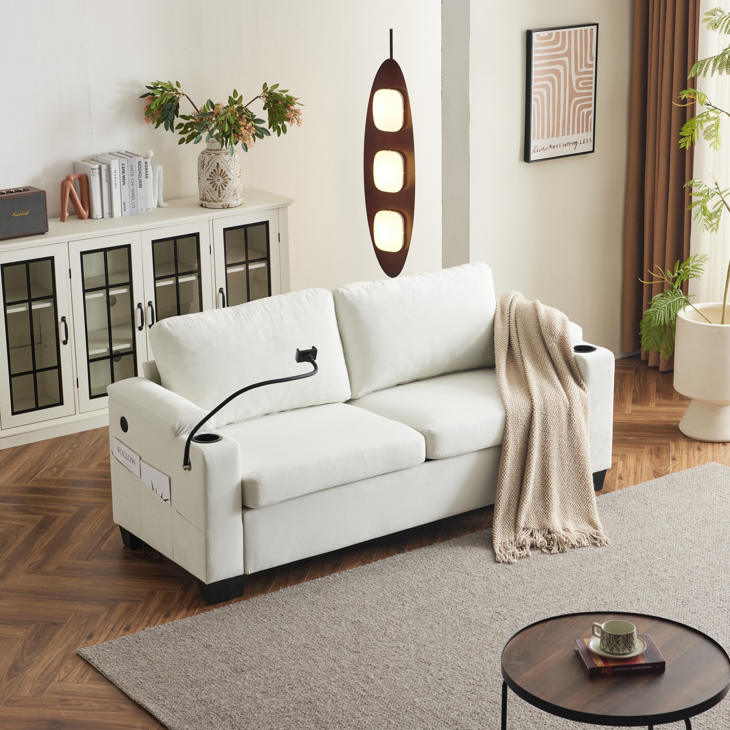 Pull-out sofa bed, chenille material, pull-out queen sofa bed, with USB charging, mobile phone holder, memory sofa, removable and washable cushions, suitable for living room, bedroom, apartment, white