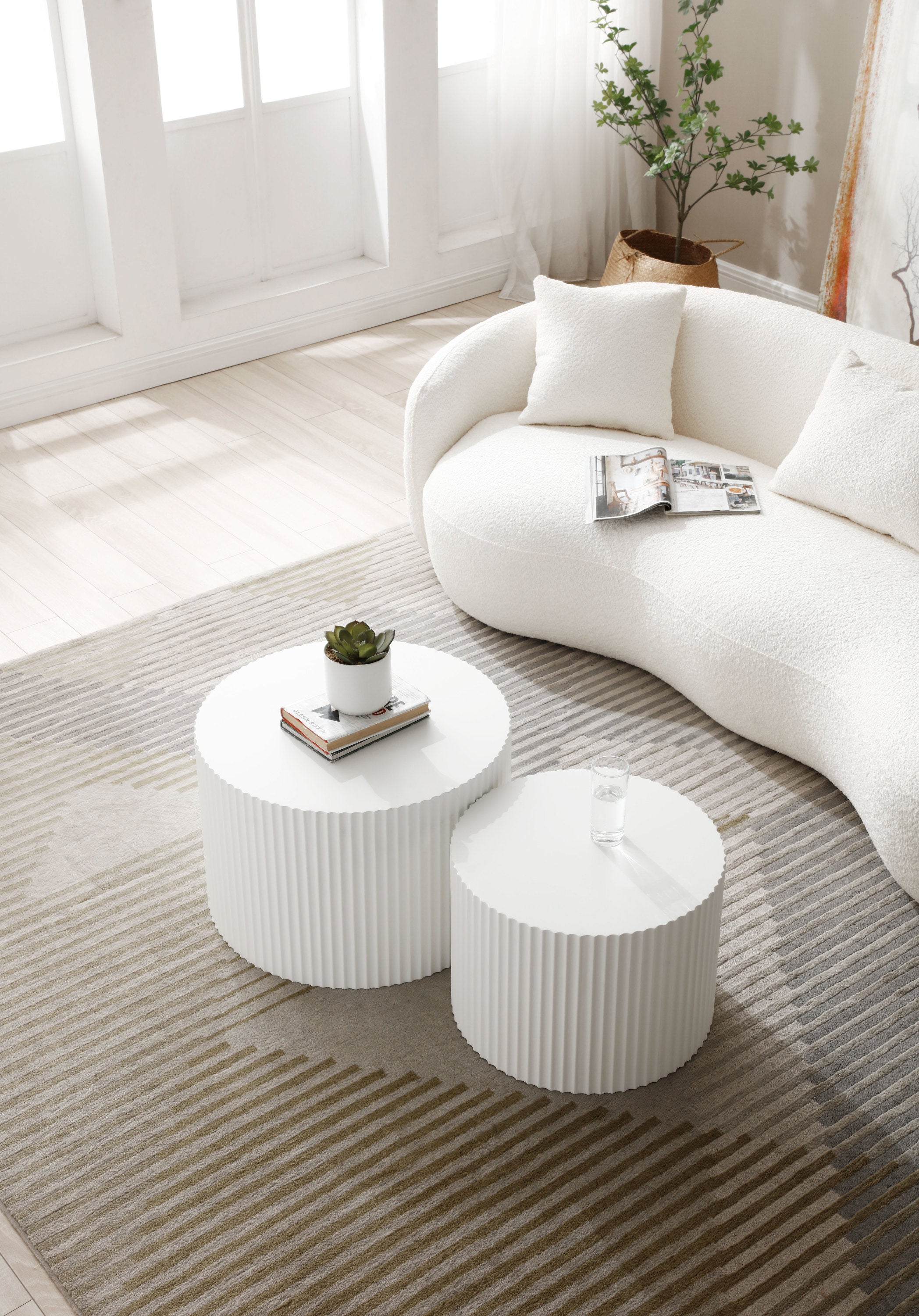 Mid Century Modern Curved Living Room Sofa, 4-Seat Boucle Fabric Couch for Bedroom, Office, Apartment, off white(beige and white)