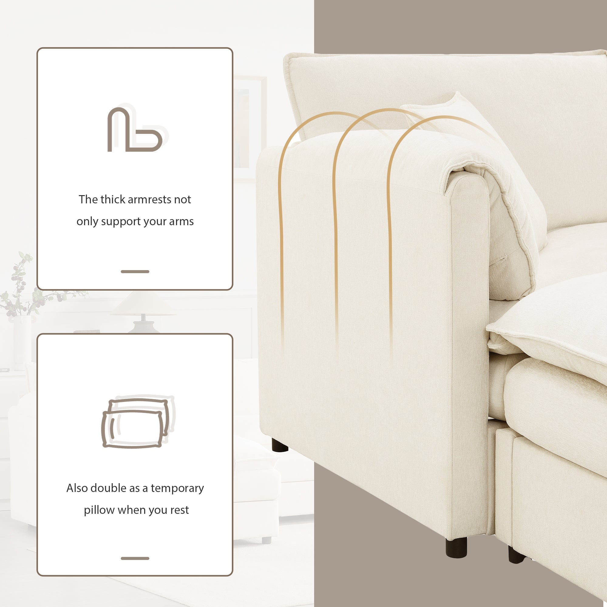 Chenille Modular Sectional Sofa with Deep Seat and Movable Ottoman in Cream