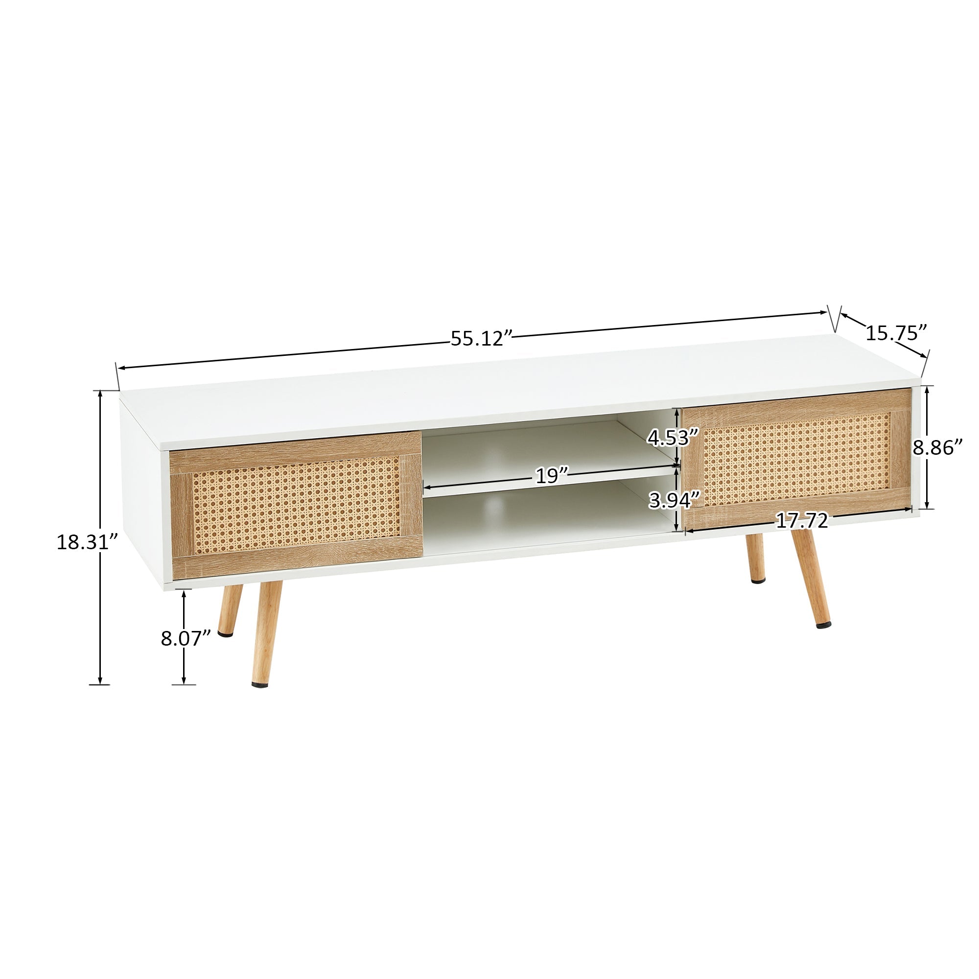 Modern Rattan TV Cabinet with Double Sliding Doors, Adjustable Shelf, Solid Wood Legs, White, 55.12 inches