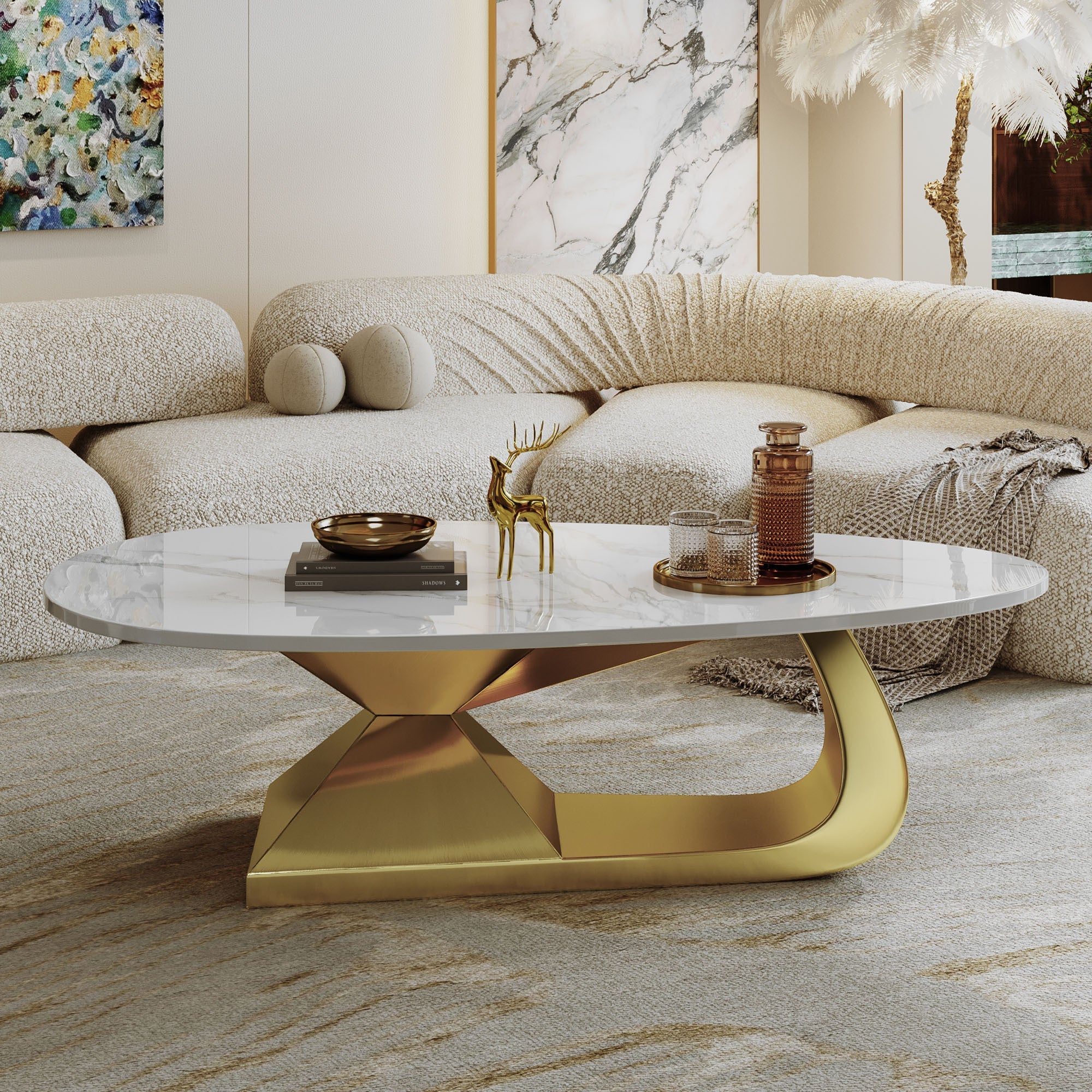 Modern Sintered Stone Tabletop Coffee Table with Stainless Steel Base - Elegant and Durable Living Room Centerpiece